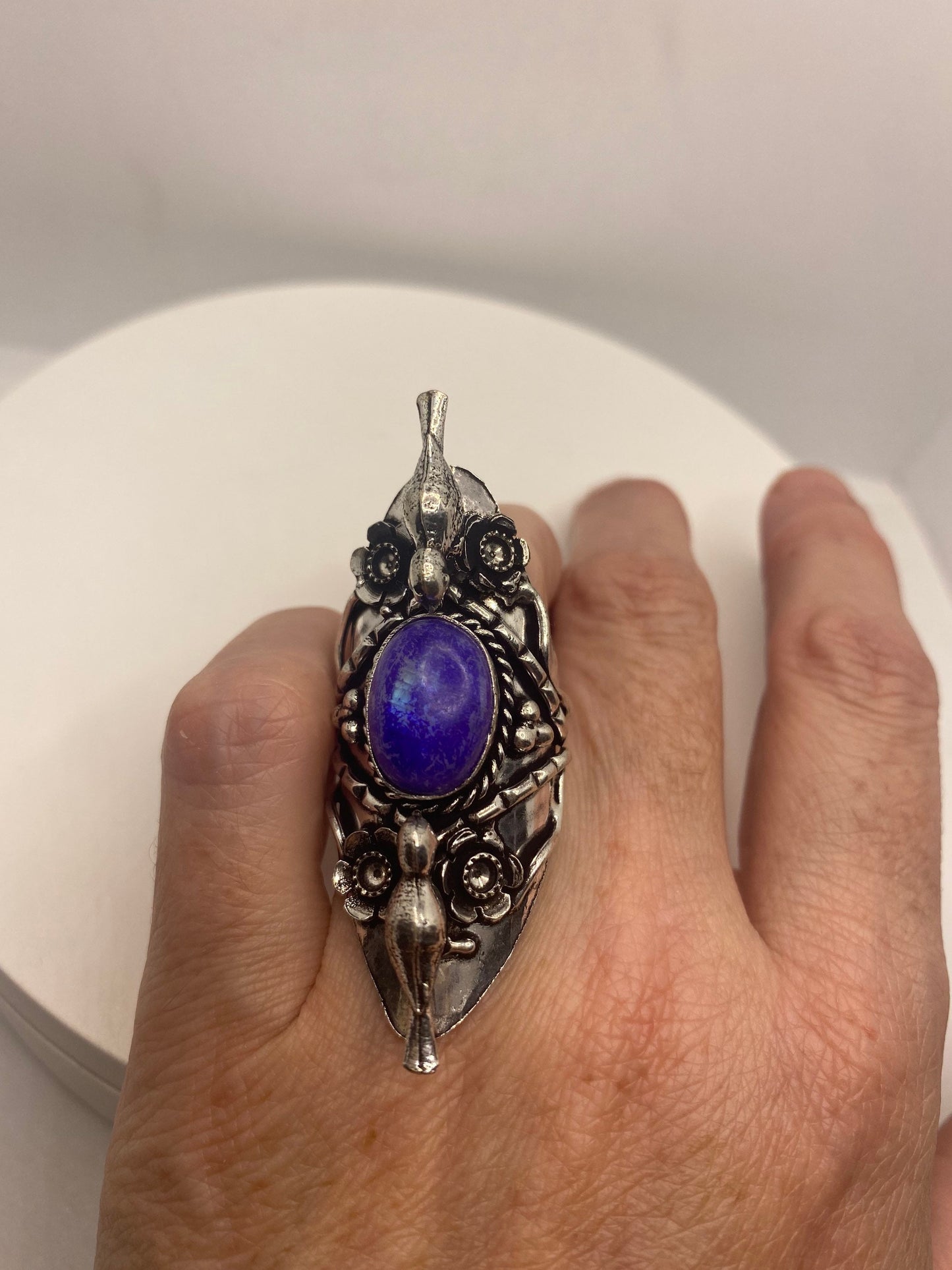 Vintage Purple White Rainbow Moonstone Bird Statement Ring