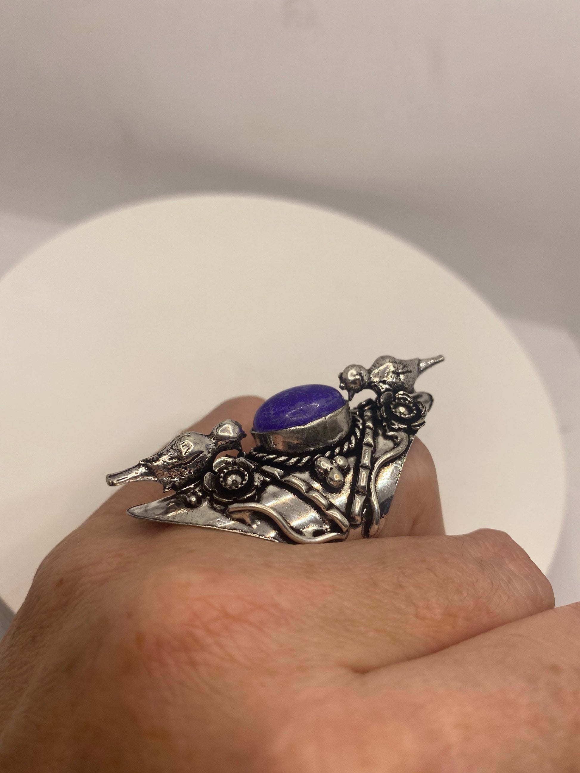 Vintage Purple White Rainbow Moonstone Bird Statement Ring
