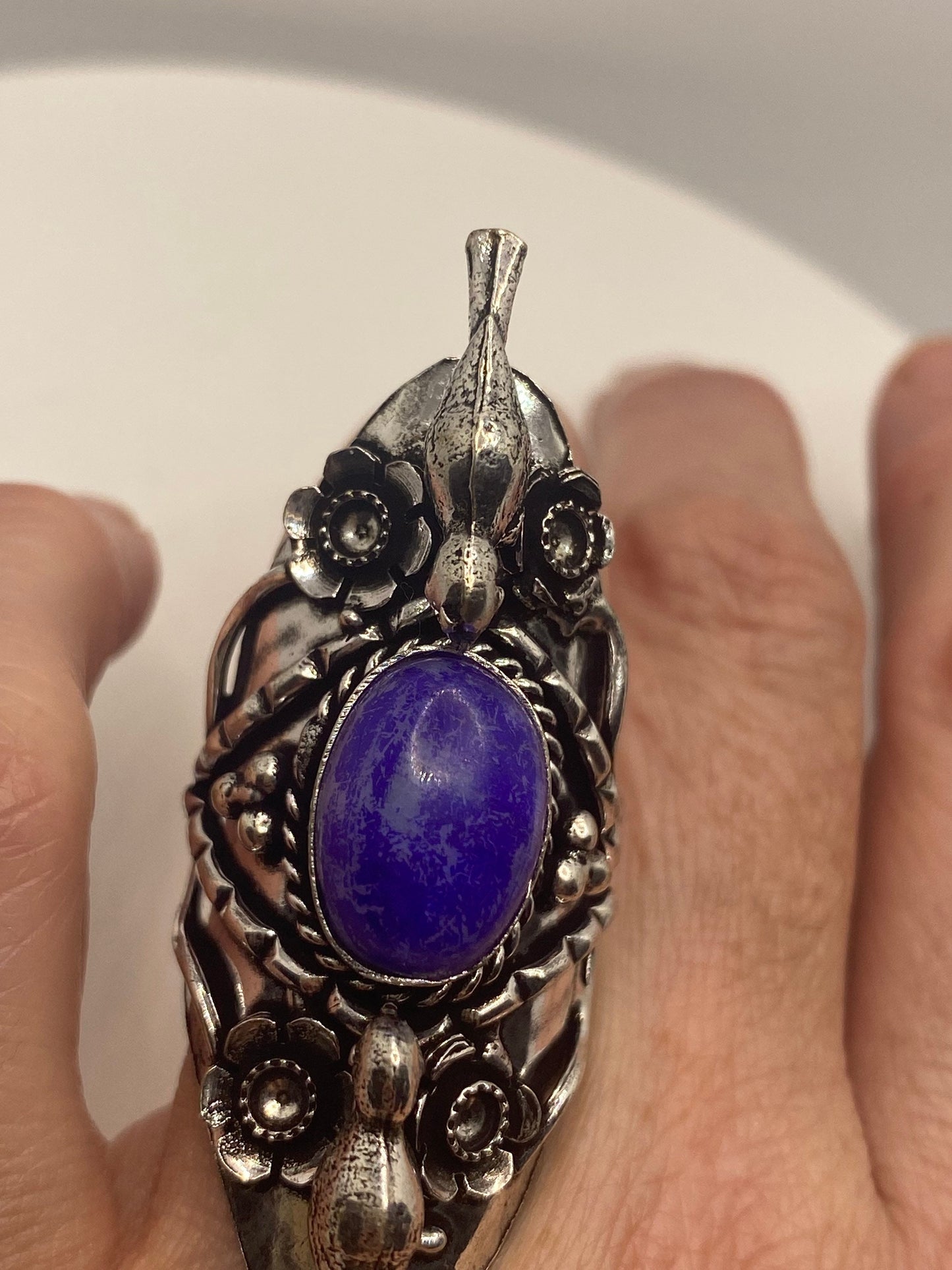 Vintage Purple White Rainbow Moonstone Bird Statement Ring