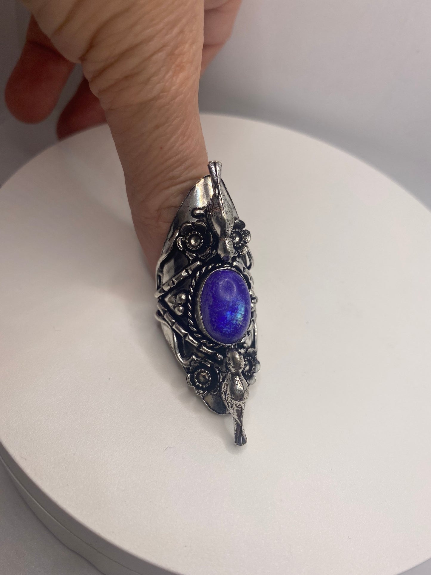 Vintage Purple White Rainbow Moonstone Bird Statement Ring