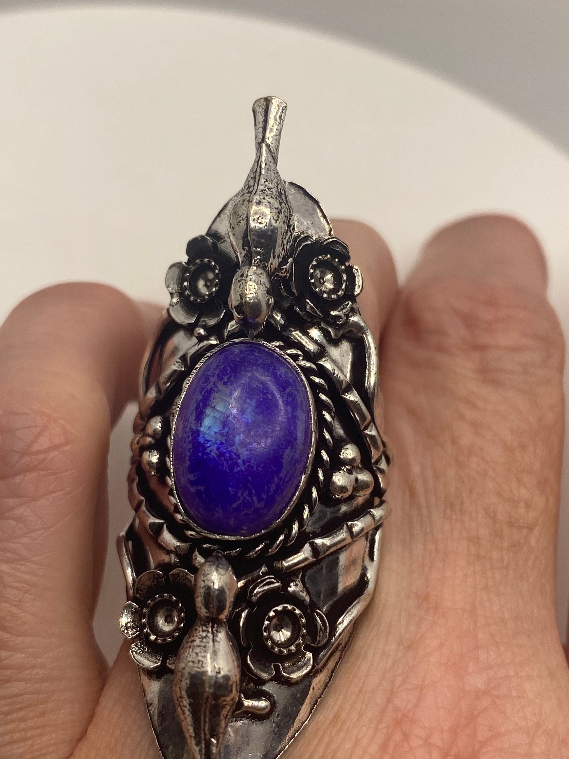 Vintage Purple White Rainbow Moonstone Bird Statement Ring