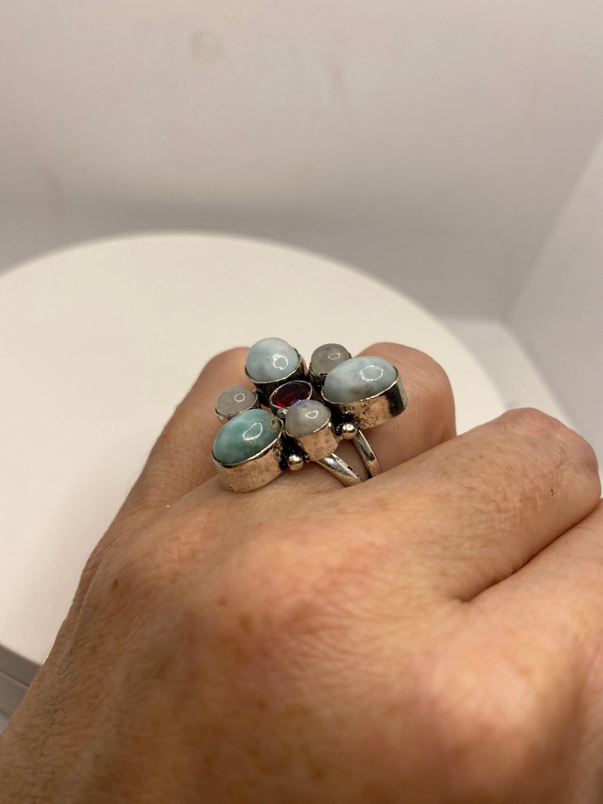 Vintage Blue Larimar White Rainbow Moonstone Stone Silver Ring