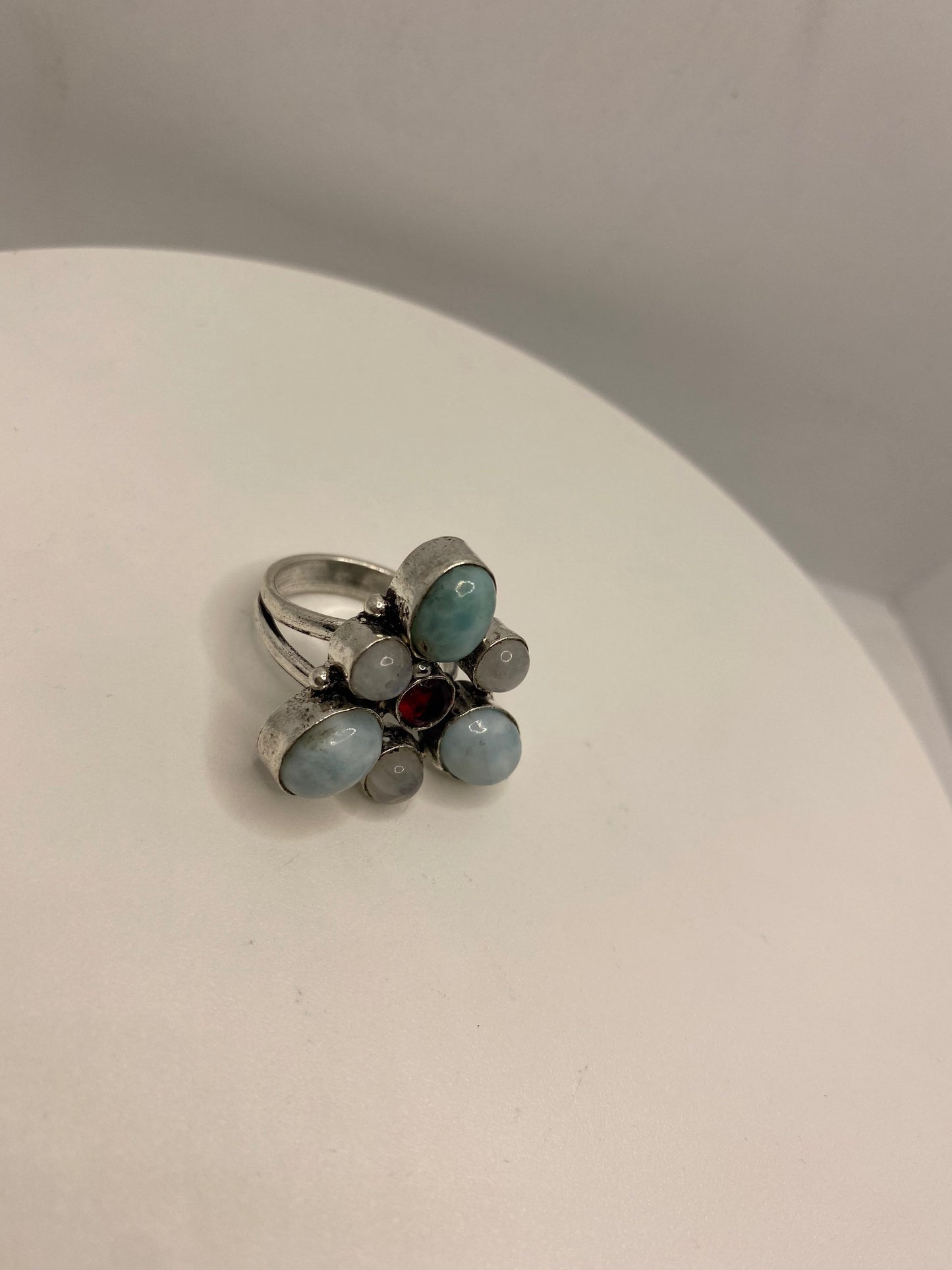 Vintage Blue Larimar White Rainbow Moonstone Stone Silver Ring
