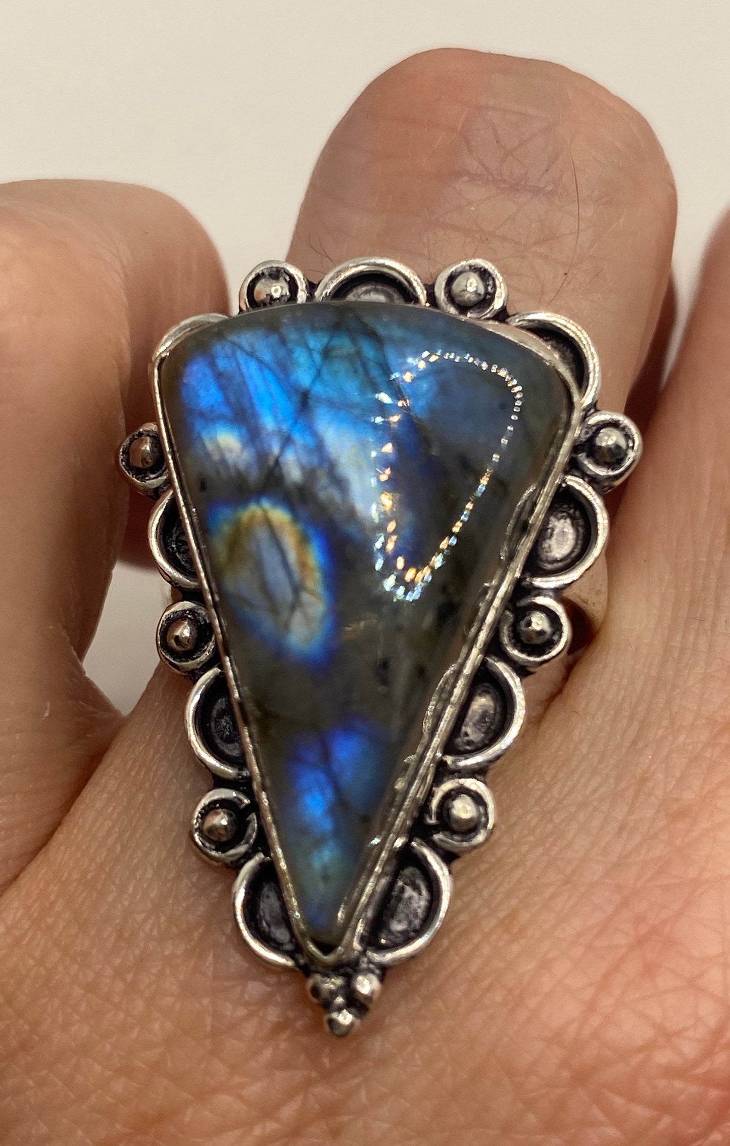 Vintage Large Labradorite Rainbow Moonstone Stone Silver Ring Size 8.5