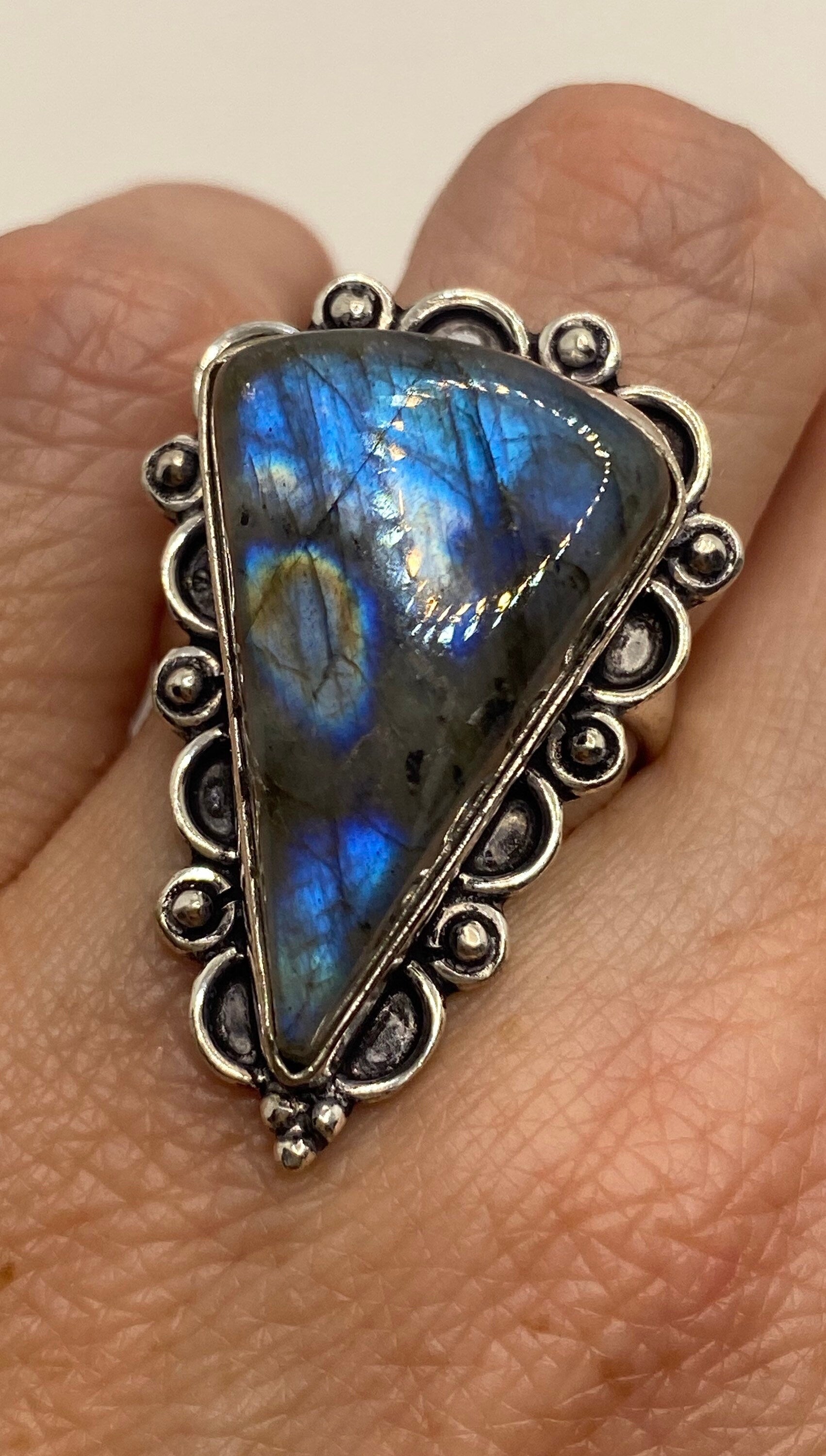 Vintage Large Labradorite Rainbow Moonstone Stone Silver Ring Size 8.5