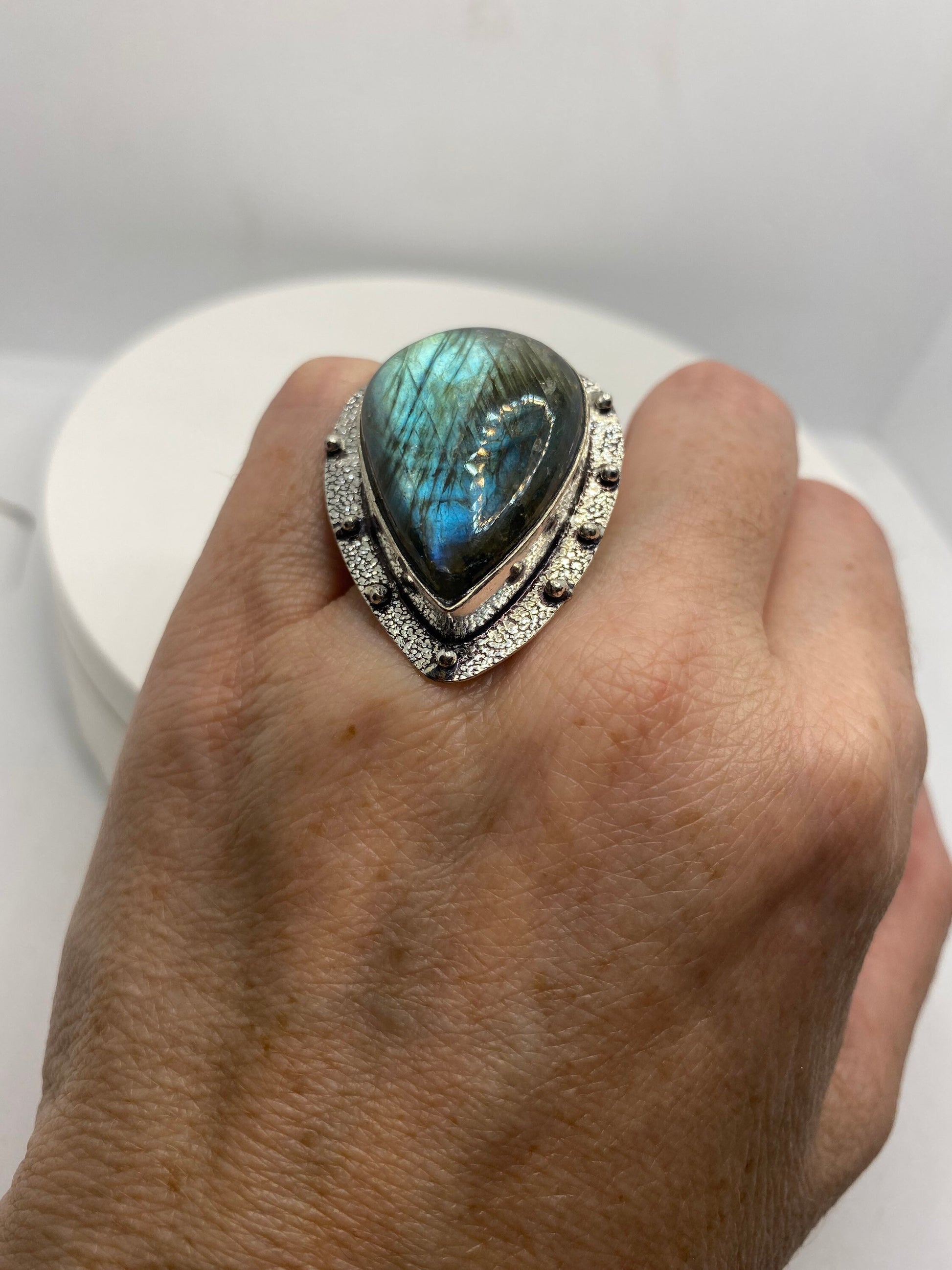 Vintage Large Labradorite Rainbow Moonstone Stone Silver Ring Size 8.5