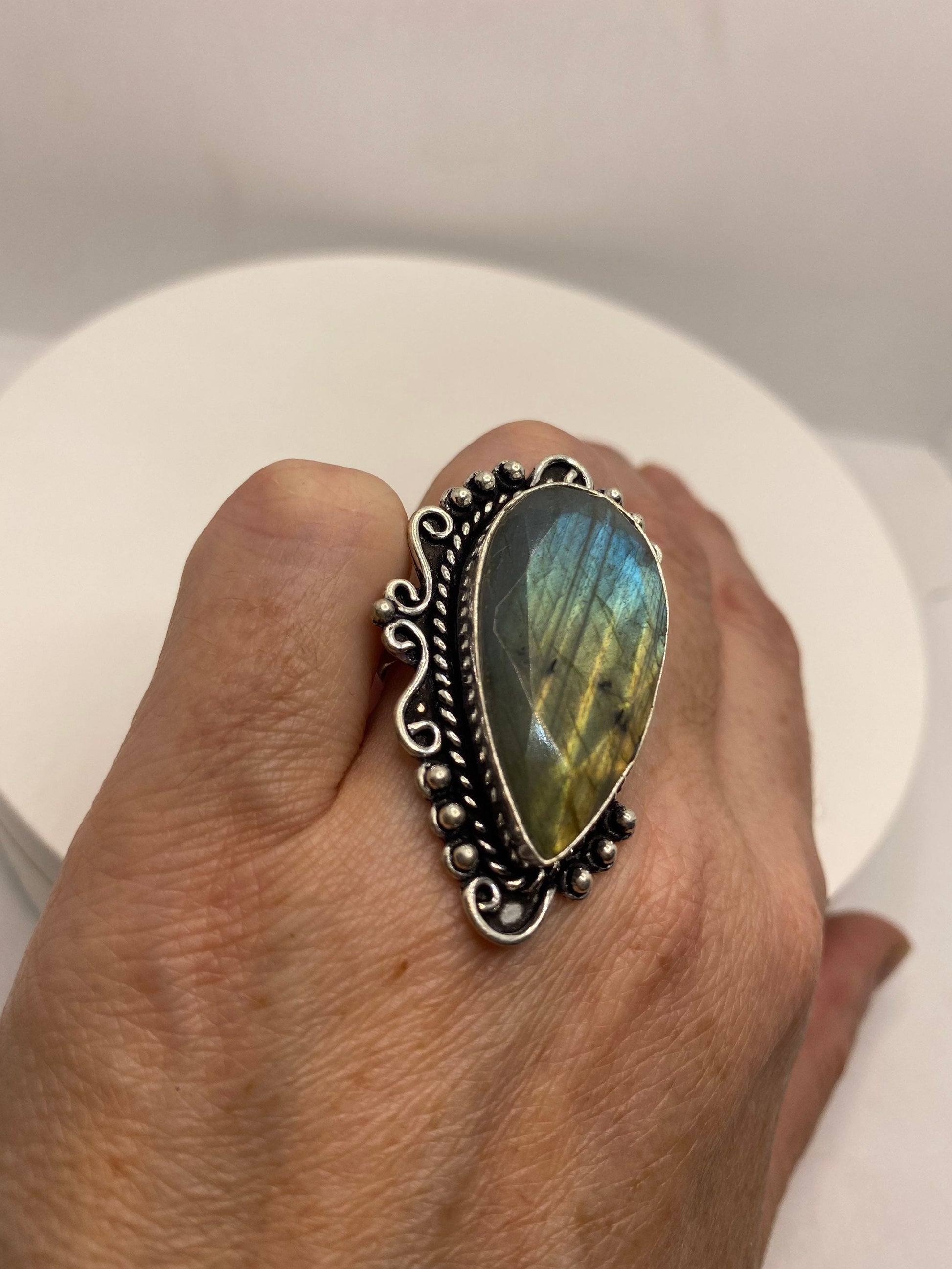 Vintage Large Labradorite Rainbow Moonstone Stone Silver Ring Size 8.5