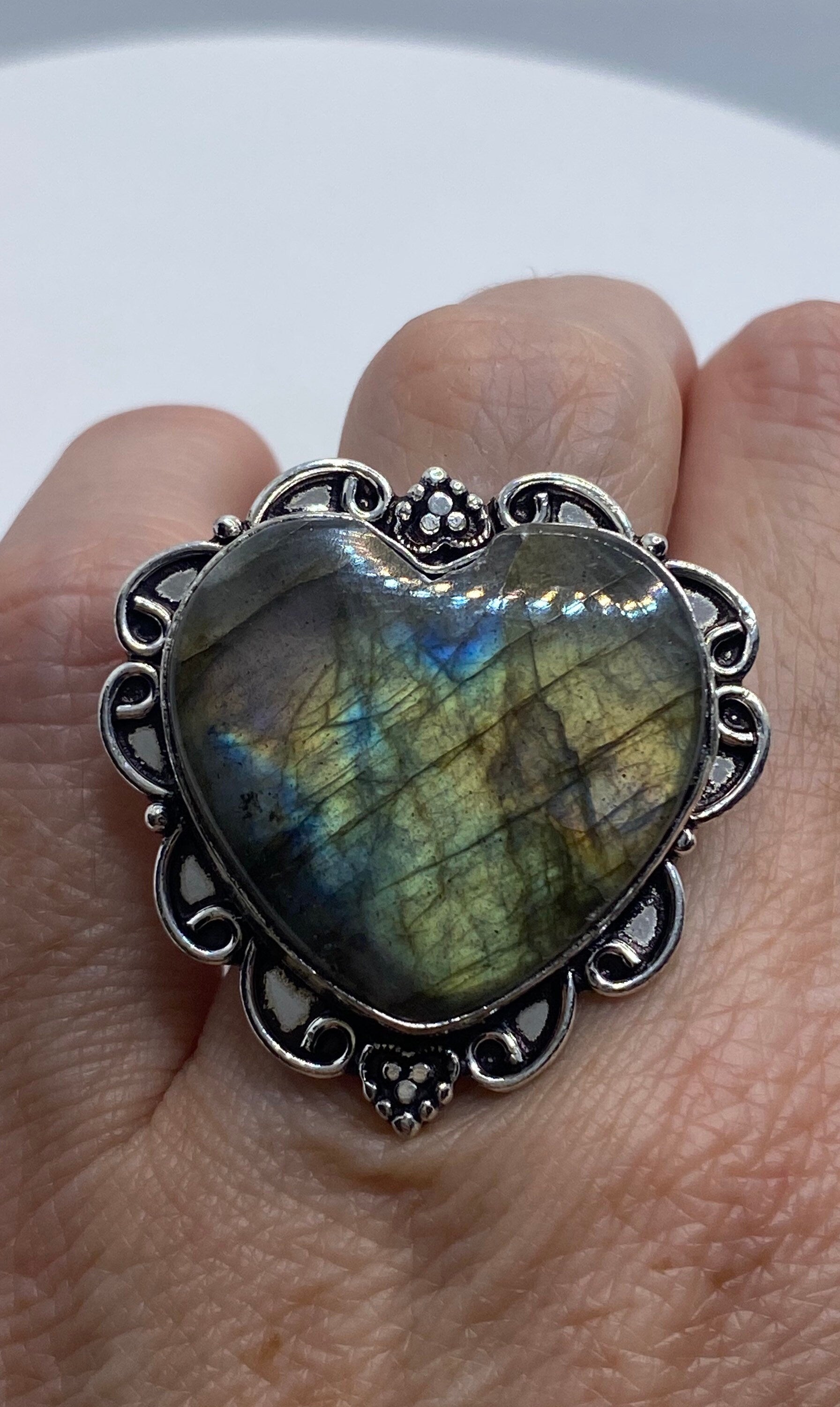 Vintage Heart Labradorite Silver Ring Size 7