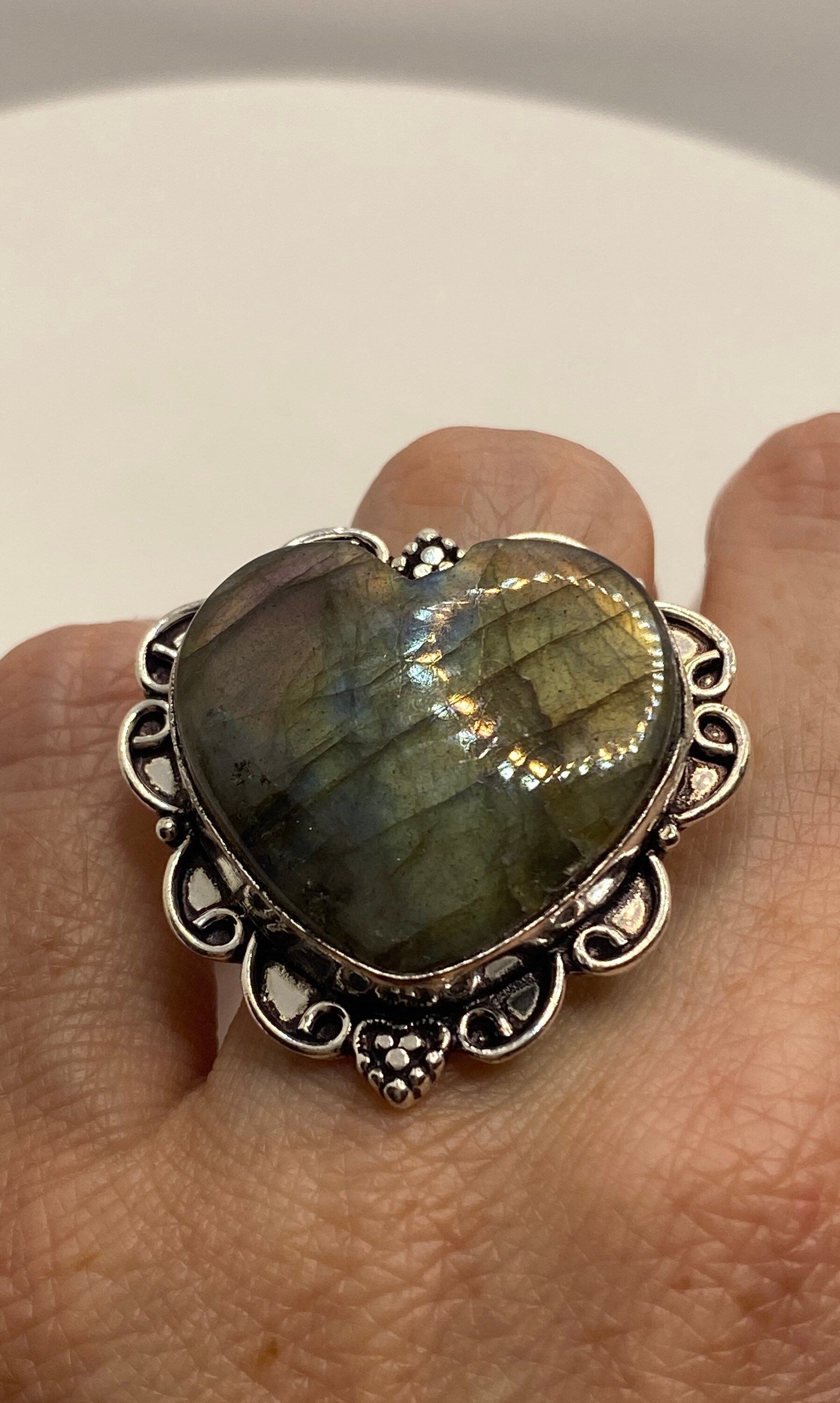 Vintage Heart Labradorite Silver Ring Size 7