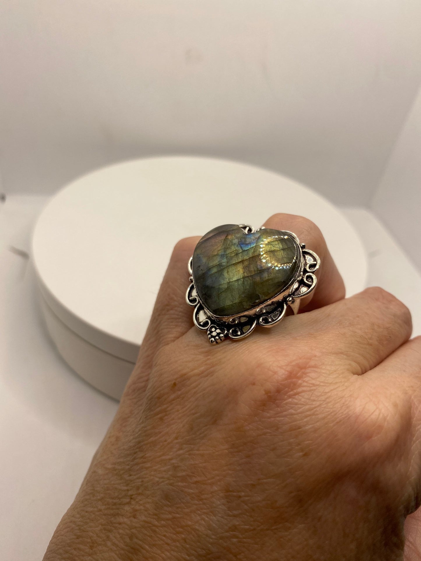 Vintage Heart Labradorite Silver Ring Size 7