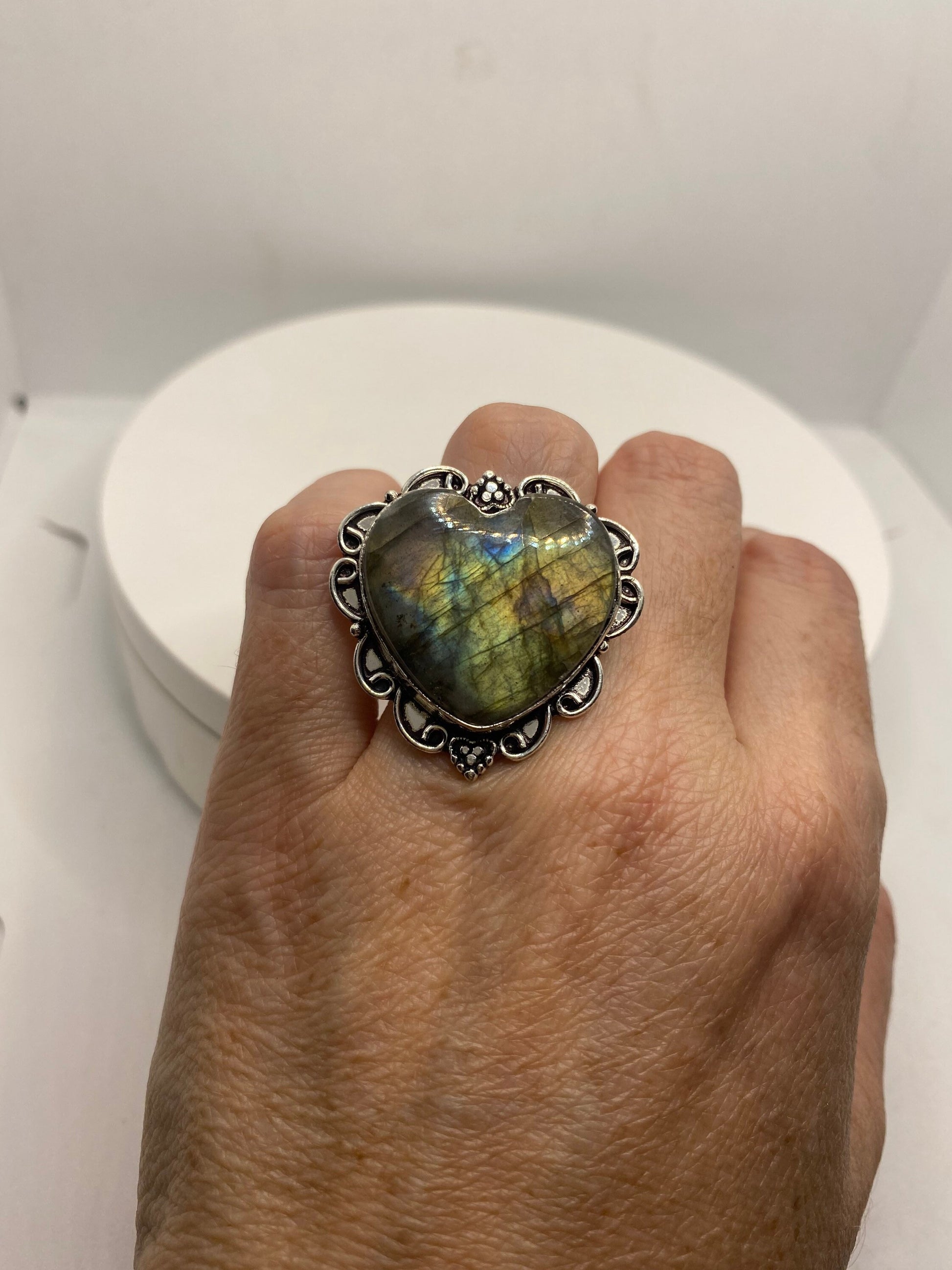 Vintage Heart Labradorite Silver Ring Size 7