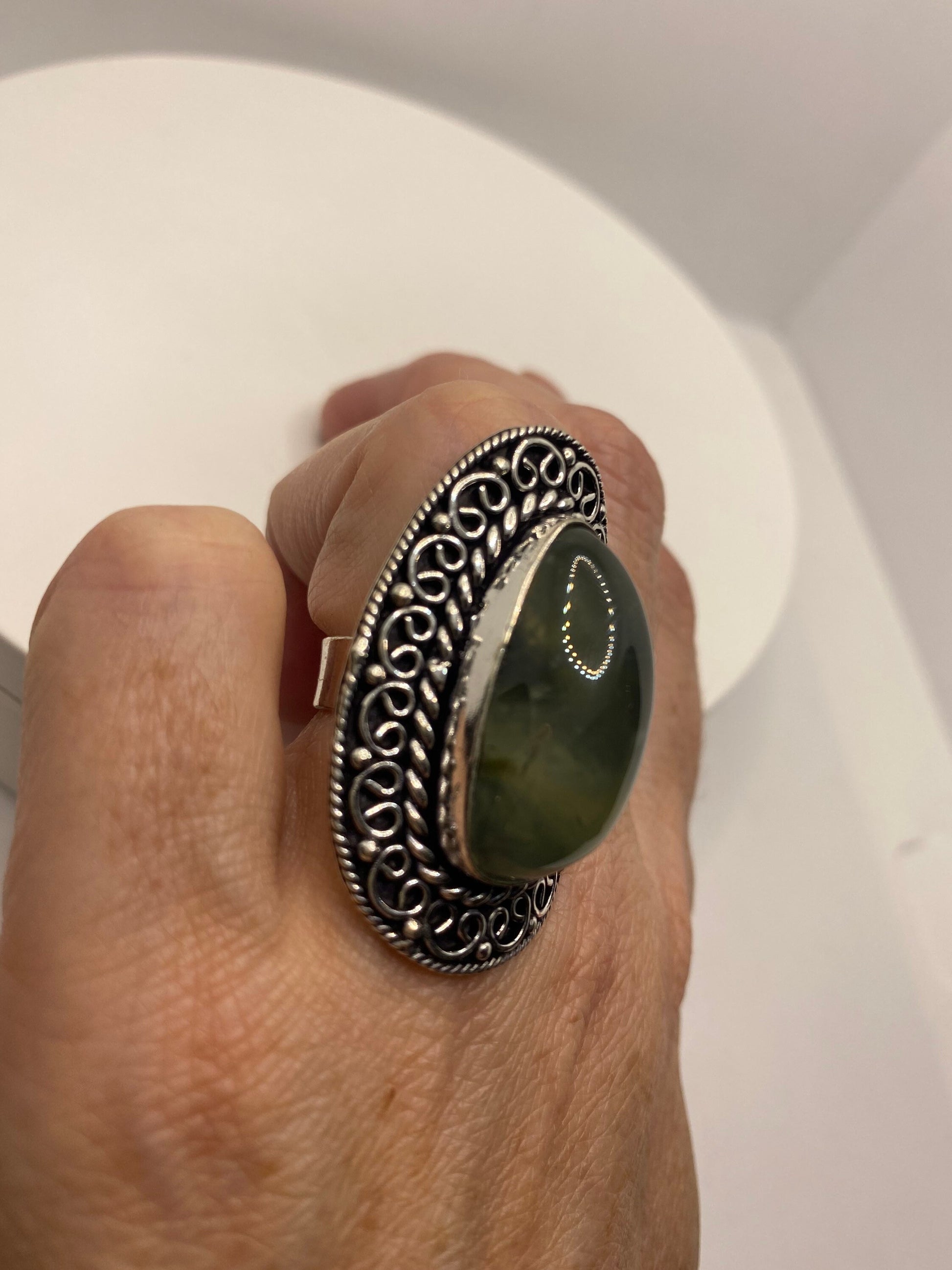 Vintage Green Moss Agate Ring Statement Cocktail Size 6