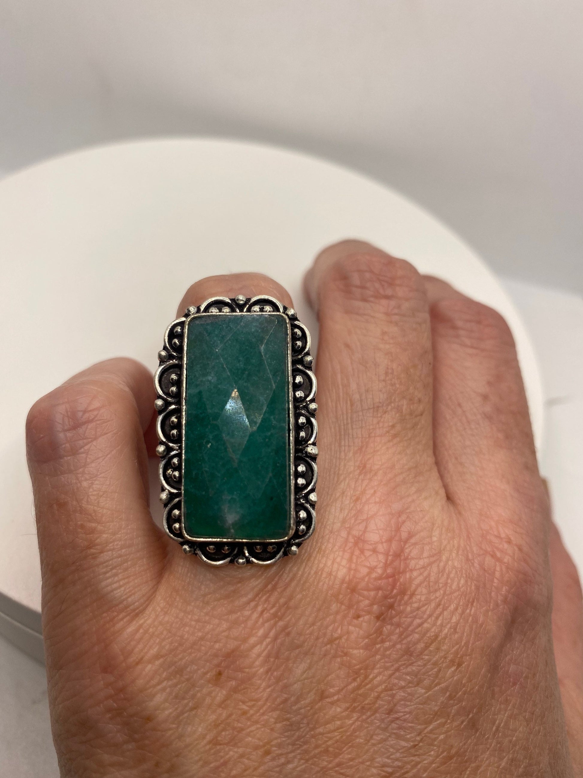 Vintage Raw Green Emerald White Bronze Silver Cocktail Ring Size 6.5