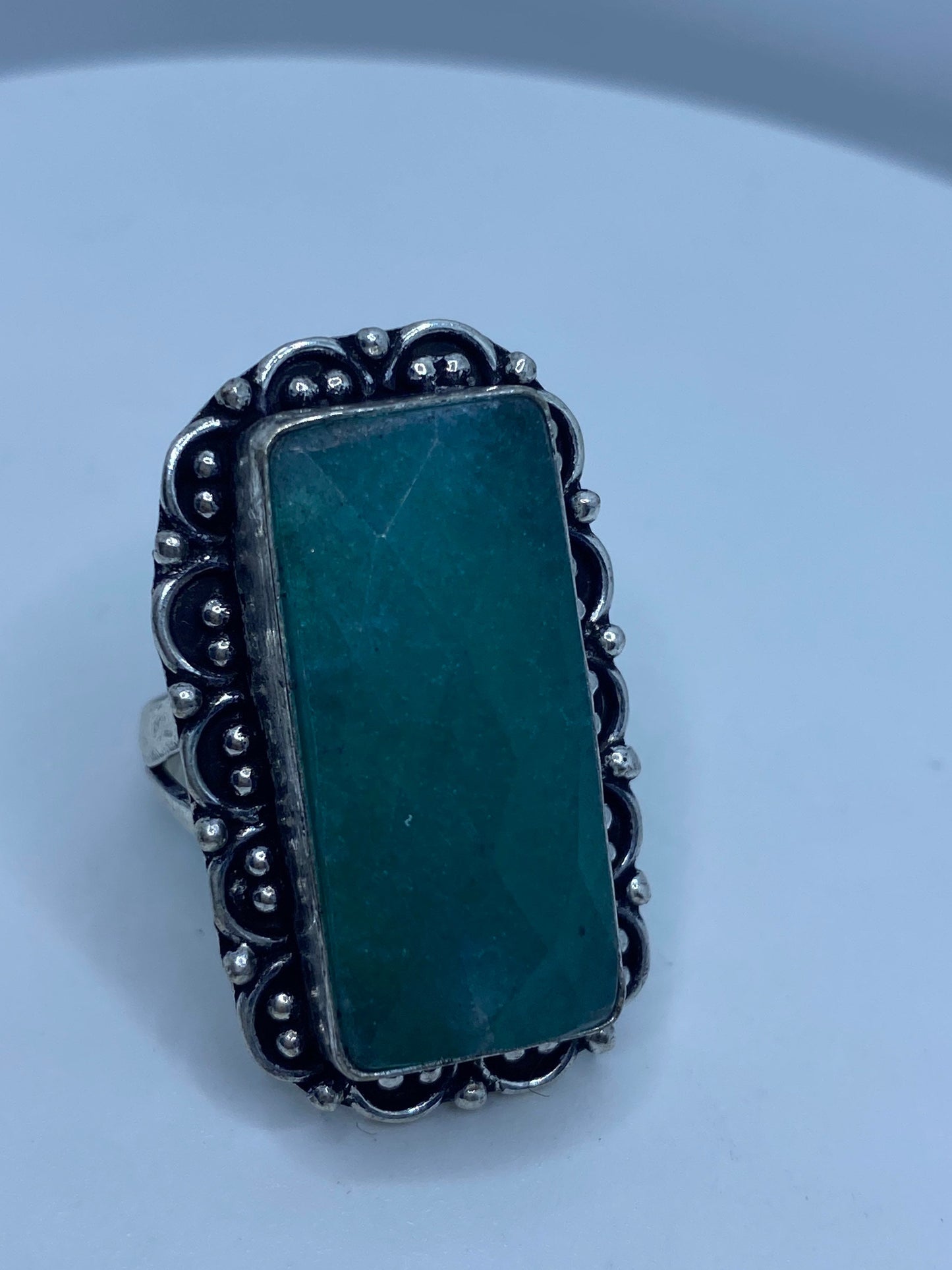 Vintage Raw Green Emerald White Bronze Silver Cocktail Ring Size 6.5