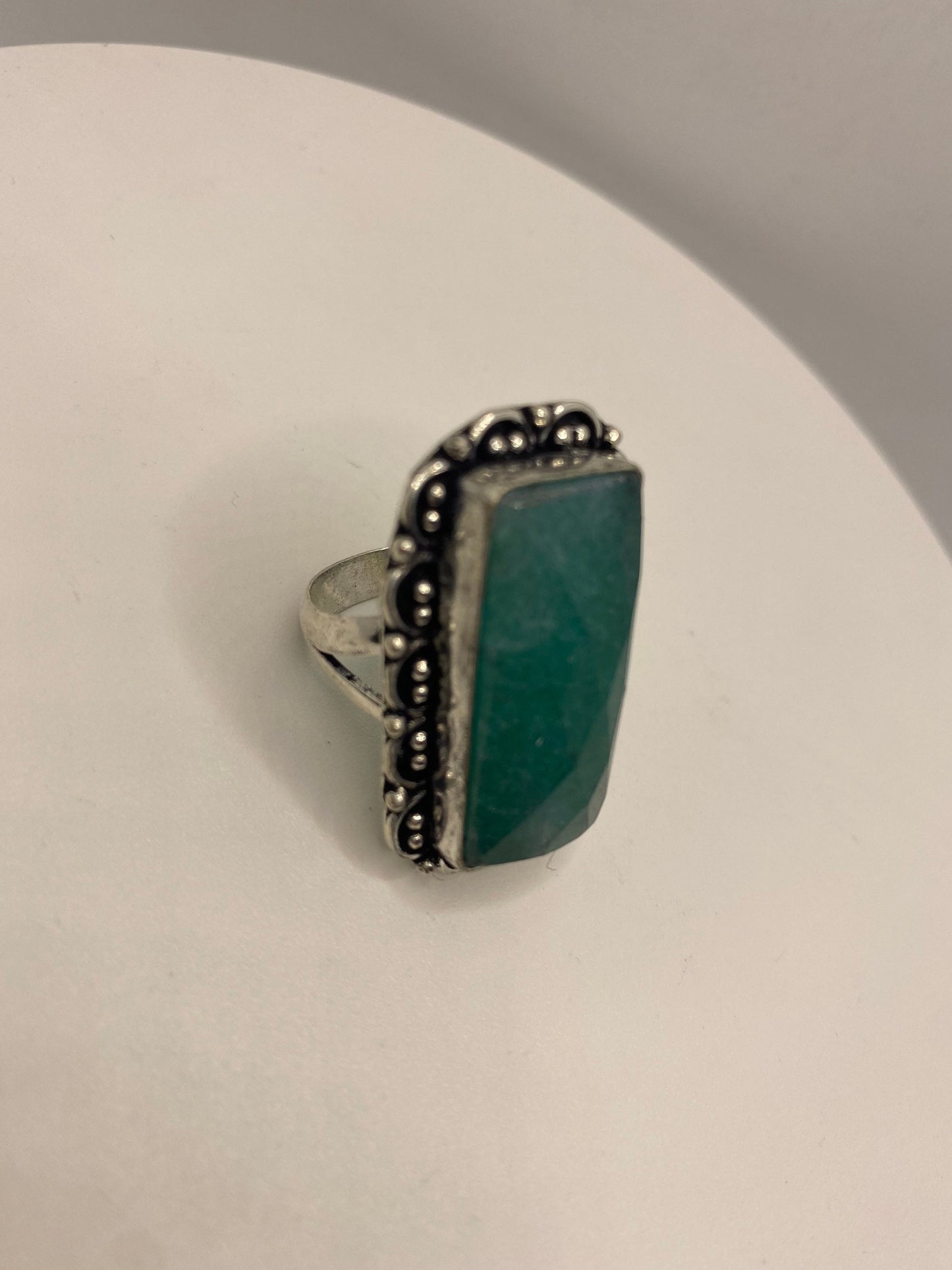 Vintage Raw Green Emerald White Bronze Silver Cocktail Ring Size 6.5