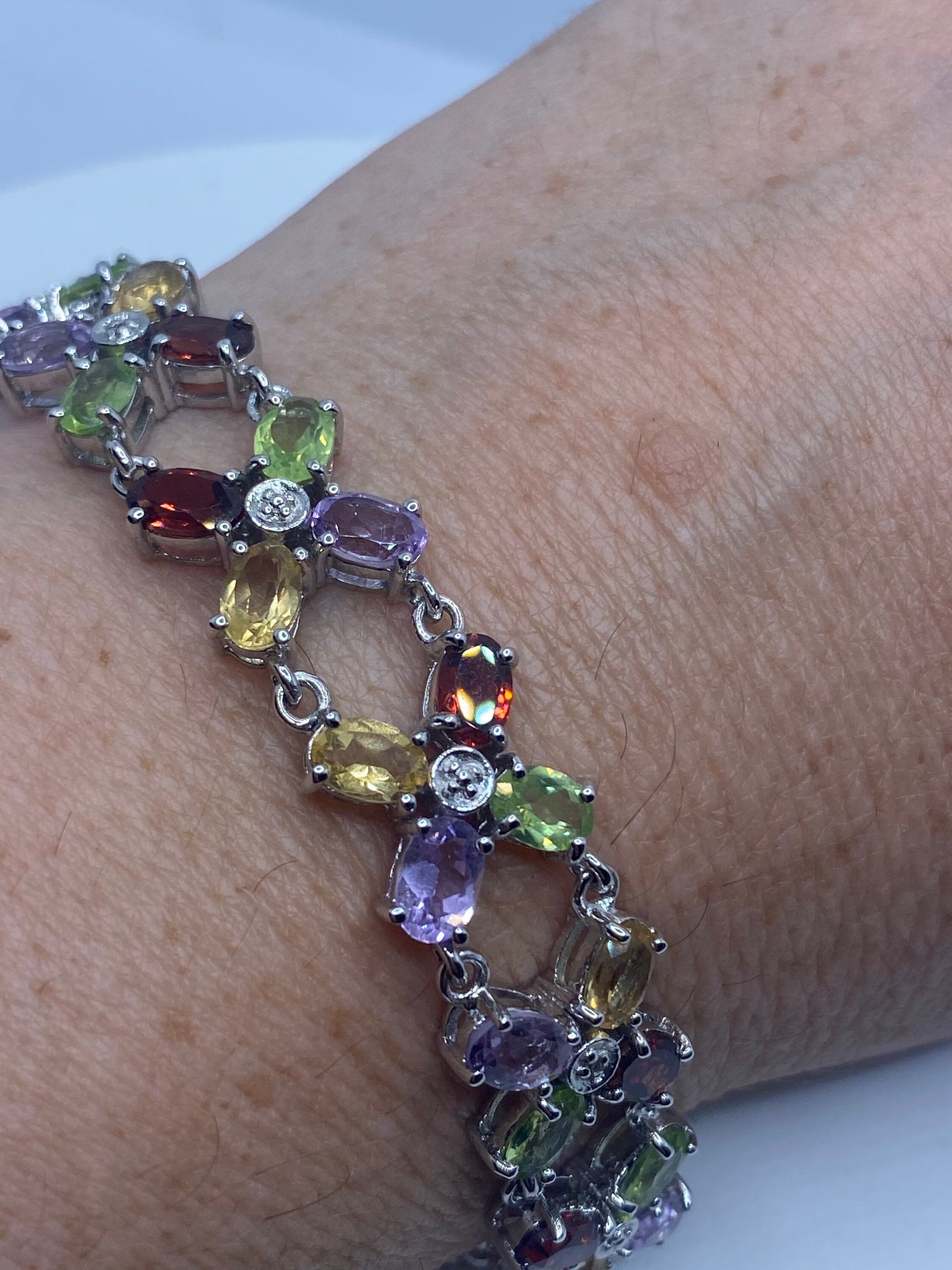 Vintage Garnet Amethyst Citrine Peridot in 925 Sterling Silver Tennis Bracelet