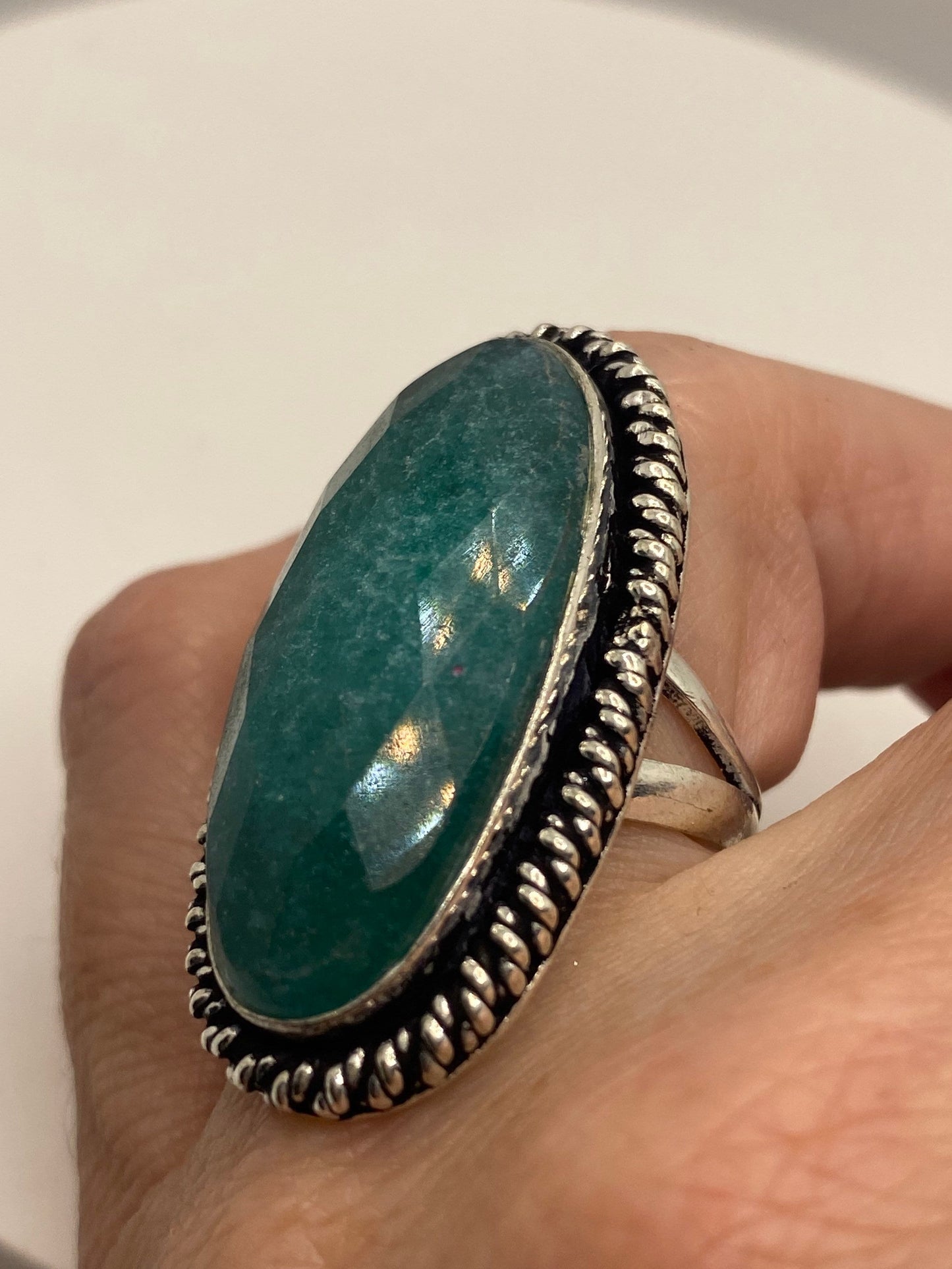 Vintage Raw Green Emerald White Bronze Silver Cocktail Ring Size 6