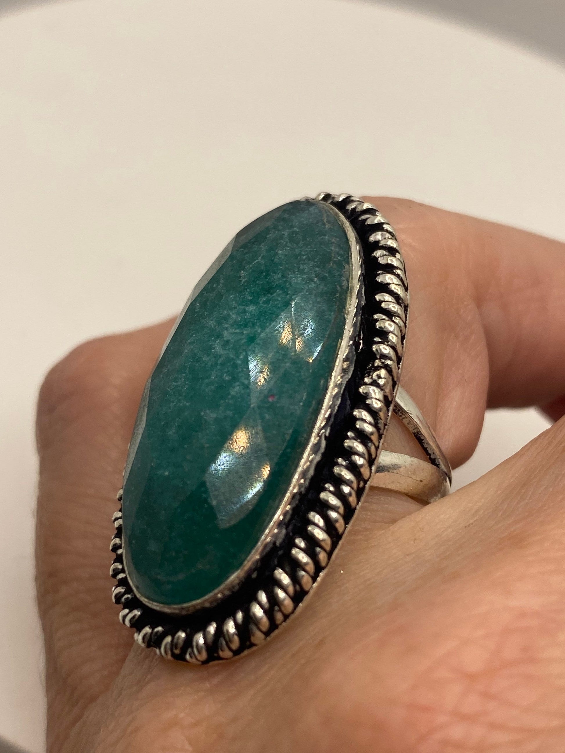 Vintage Raw Green Emerald White Bronze Silver Cocktail Ring Size 6
