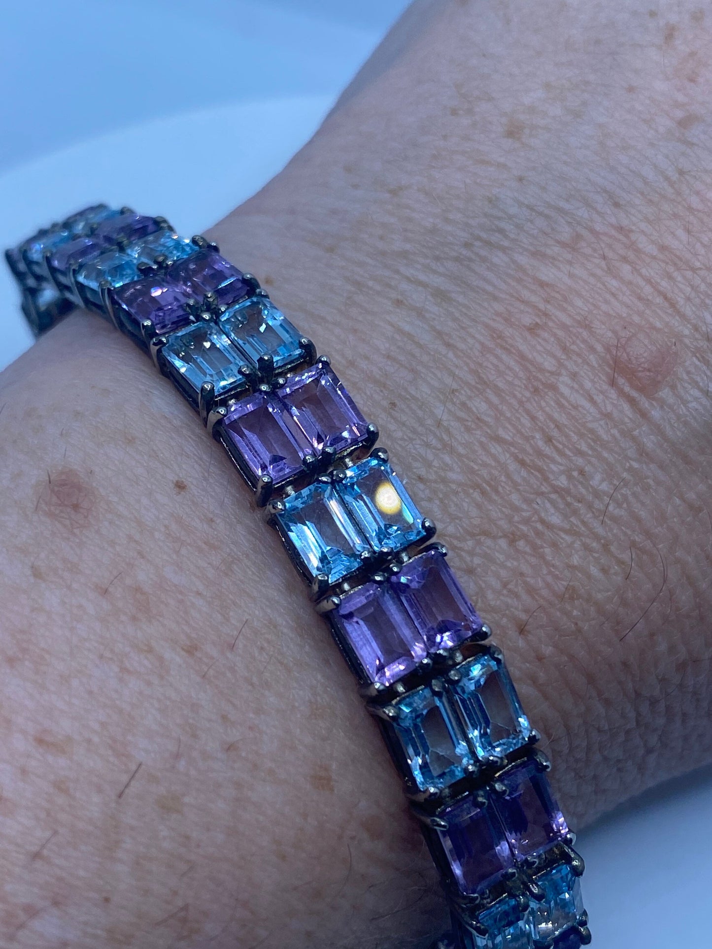 Vintage Amethyst Blue Topaz 925 Sterling Silver Tennis Bracelet