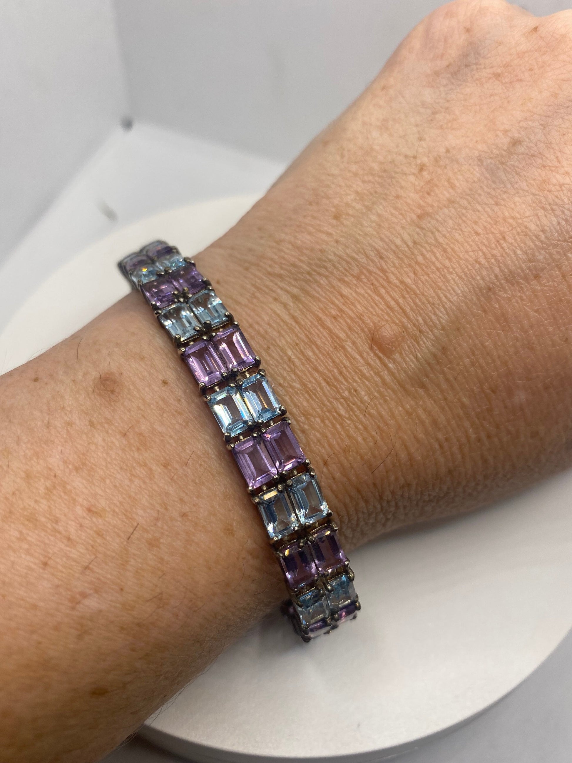 Vintage Amethyst Blue Topaz 925 Sterling Silver Tennis Bracelet