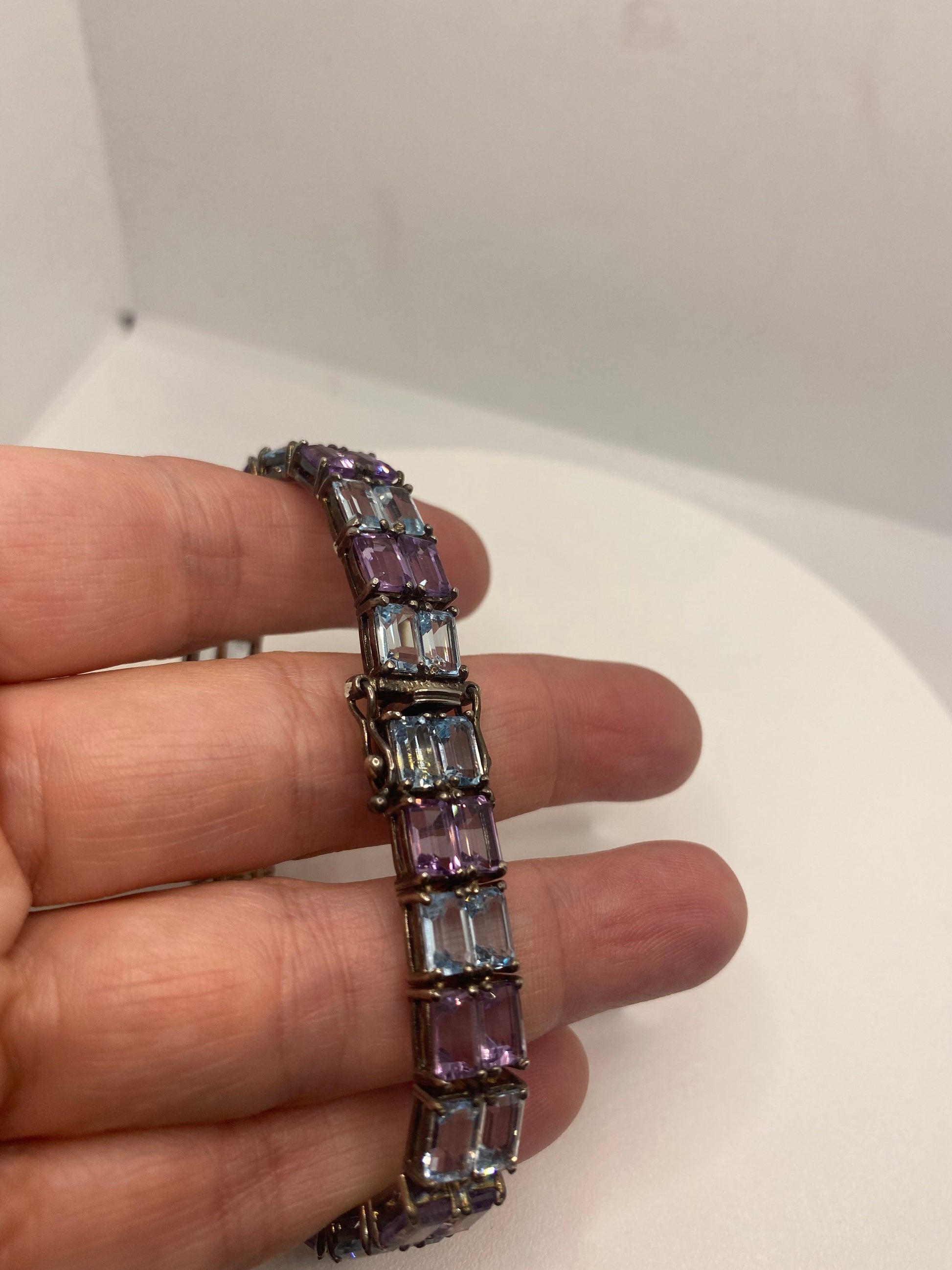 Vintage Amethyst Blue Topaz 925 Sterling Silver Tennis Bracelet