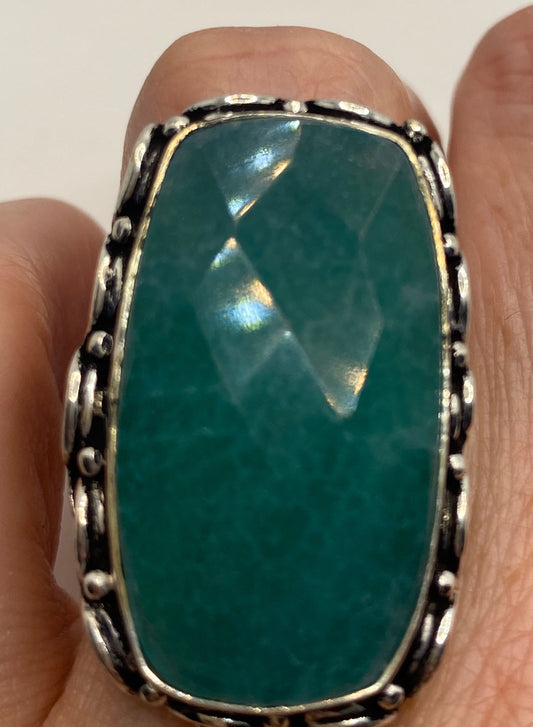 Vintage Raw Green Emerald White Bronze Silver Cocktail Ring Size 6.5