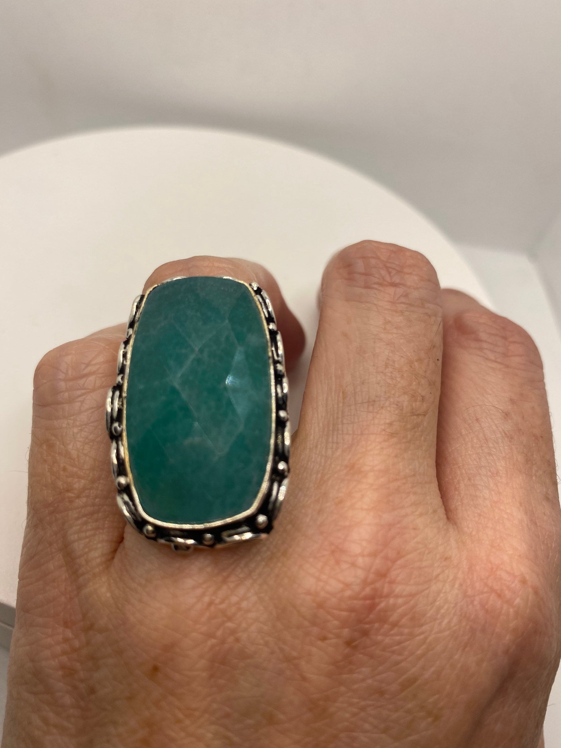 Vintage Raw Green Emerald White Bronze Silver Cocktail Ring Size 6.5