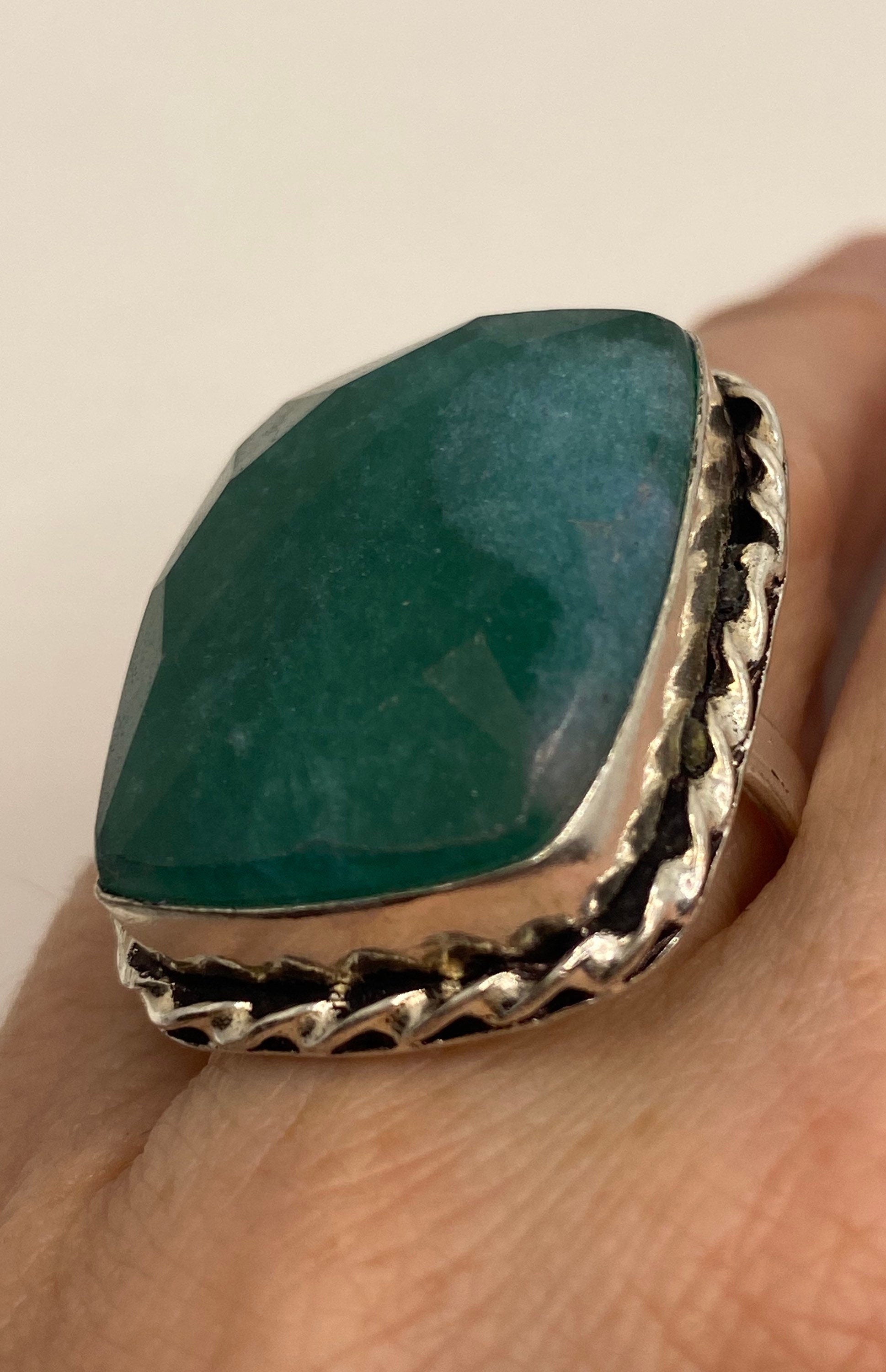 Vintage Raw Green Emerald White Bronze Silver Cocktail Ring Size 8