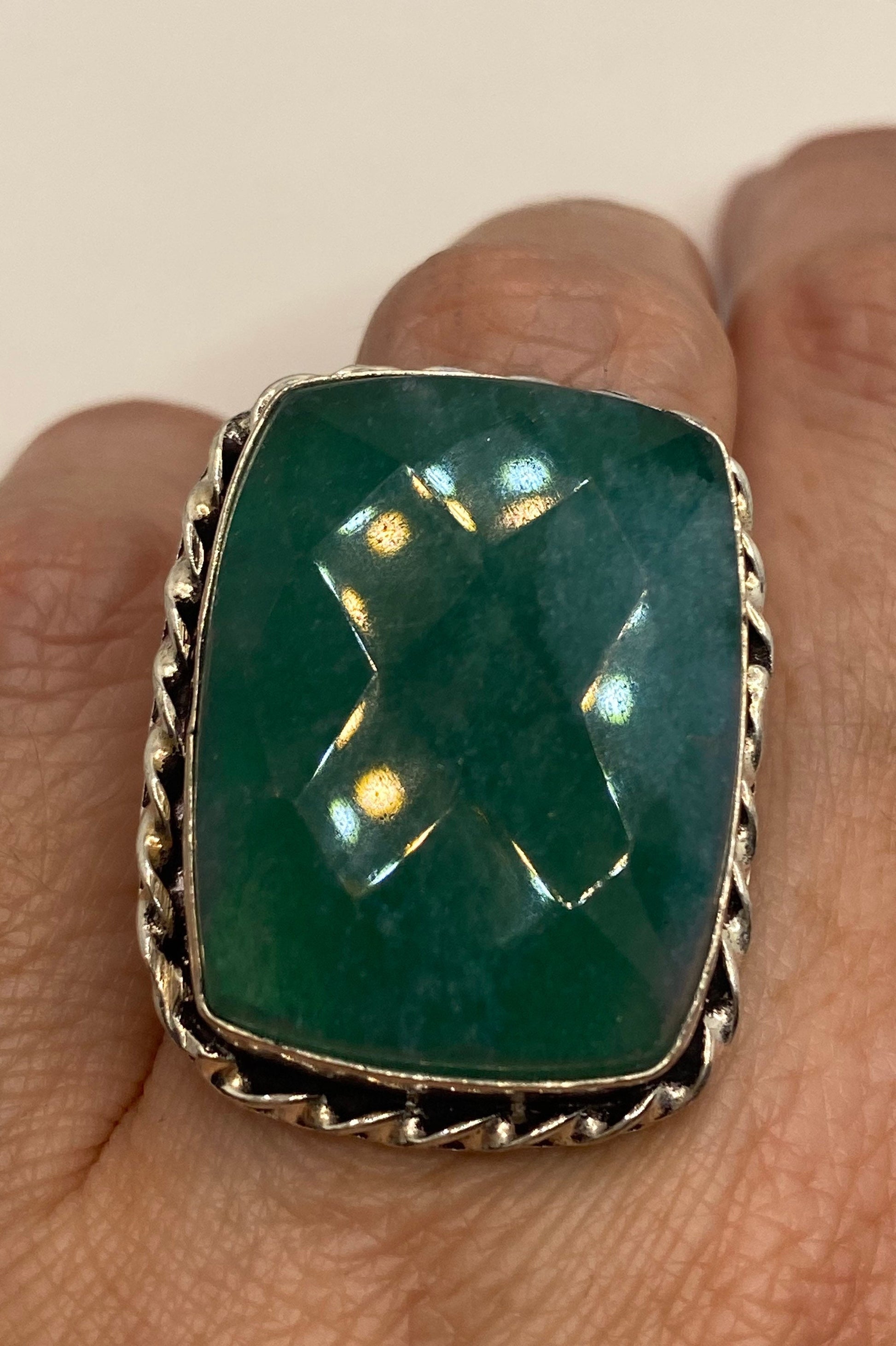 Vintage Raw Green Emerald White Bronze Silver Cocktail Ring Size 8