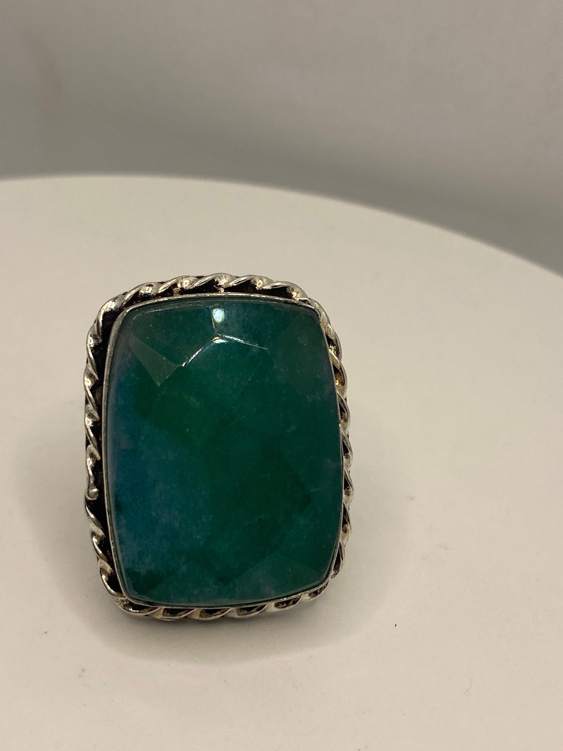 Vintage Raw Green Emerald White Bronze Silver Cocktail Ring Size 8