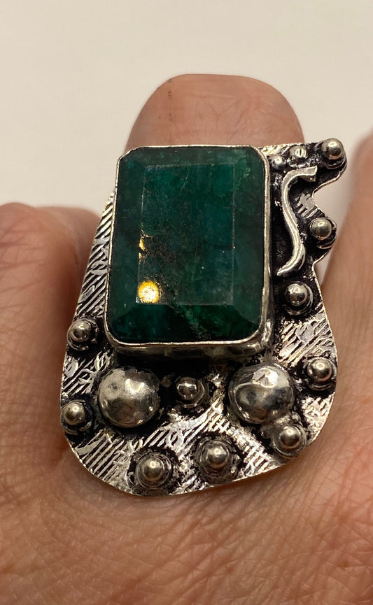 Vintage Raw Green Emerald White Bronze Silver Cocktail Ring Size 6