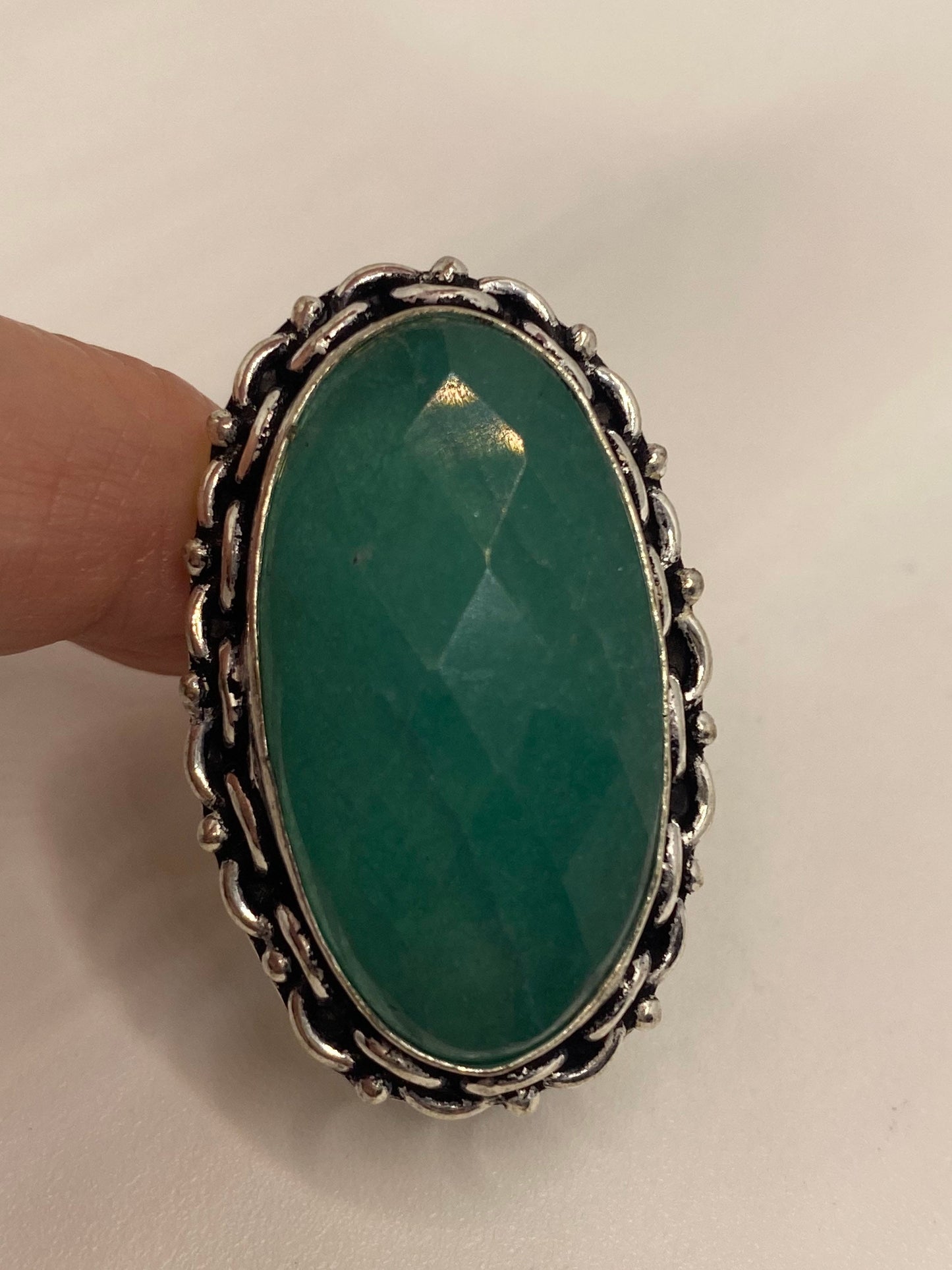 Vintage Raw Green Emerald White Bronze Silver Cocktail Ring Size 6.5