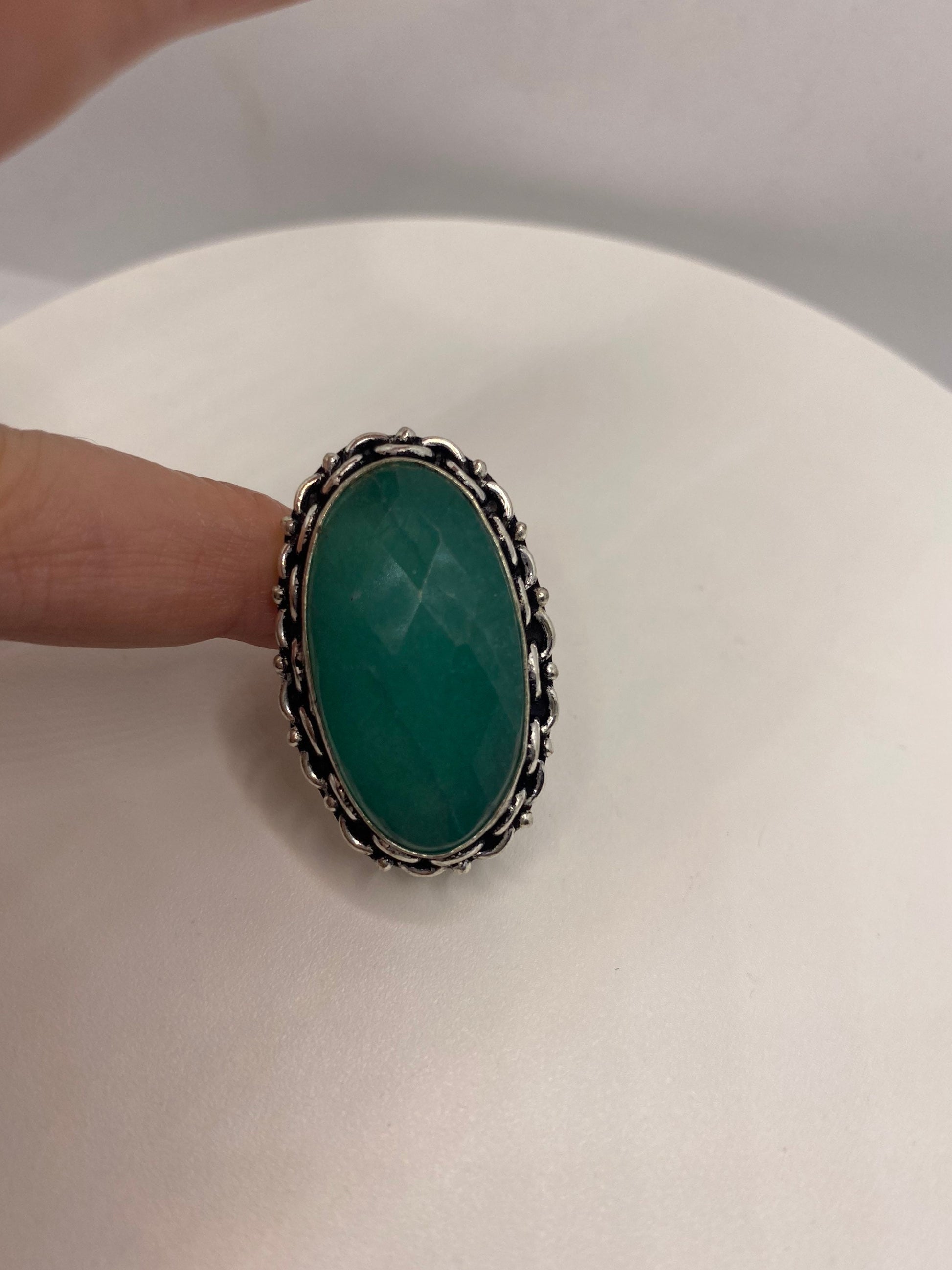 Vintage Raw Green Emerald White Bronze Silver Cocktail Ring Size 6.5
