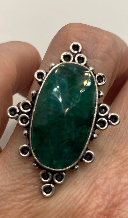Vintage Raw Green Emerald White Bronze Silver Cocktail Ring Size 9