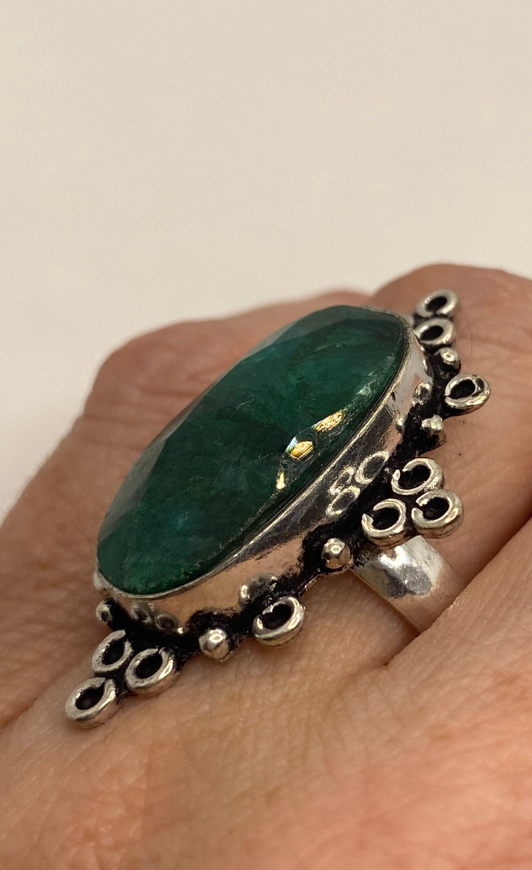 Vintage Raw Green Emerald White Bronze Silver Cocktail Ring Size 9