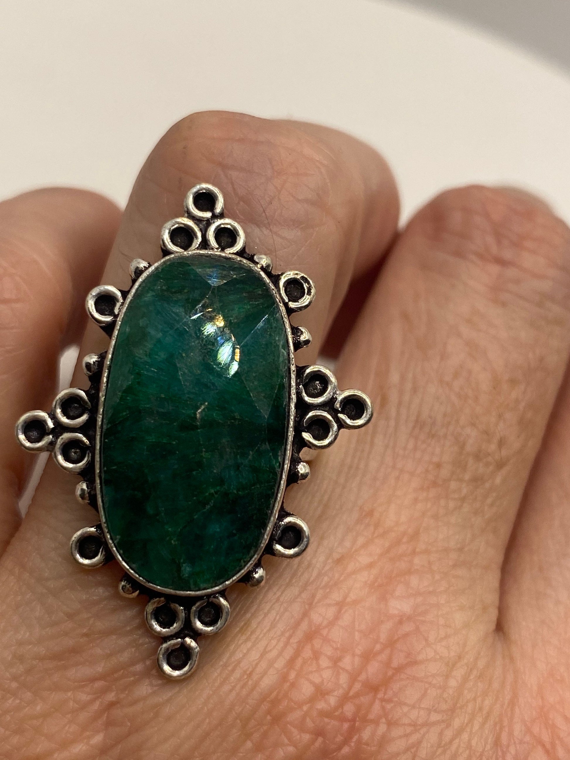 Vintage Raw Green Emerald White Bronze Silver Cocktail Ring Size 9