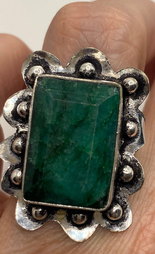 Vintage Raw Green Emerald White Bronze Silver Cocktail Ring Size 6.5