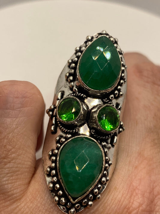 Vintage Raw Green Emerald White Bronze Silver Cocktail Ring Size 7