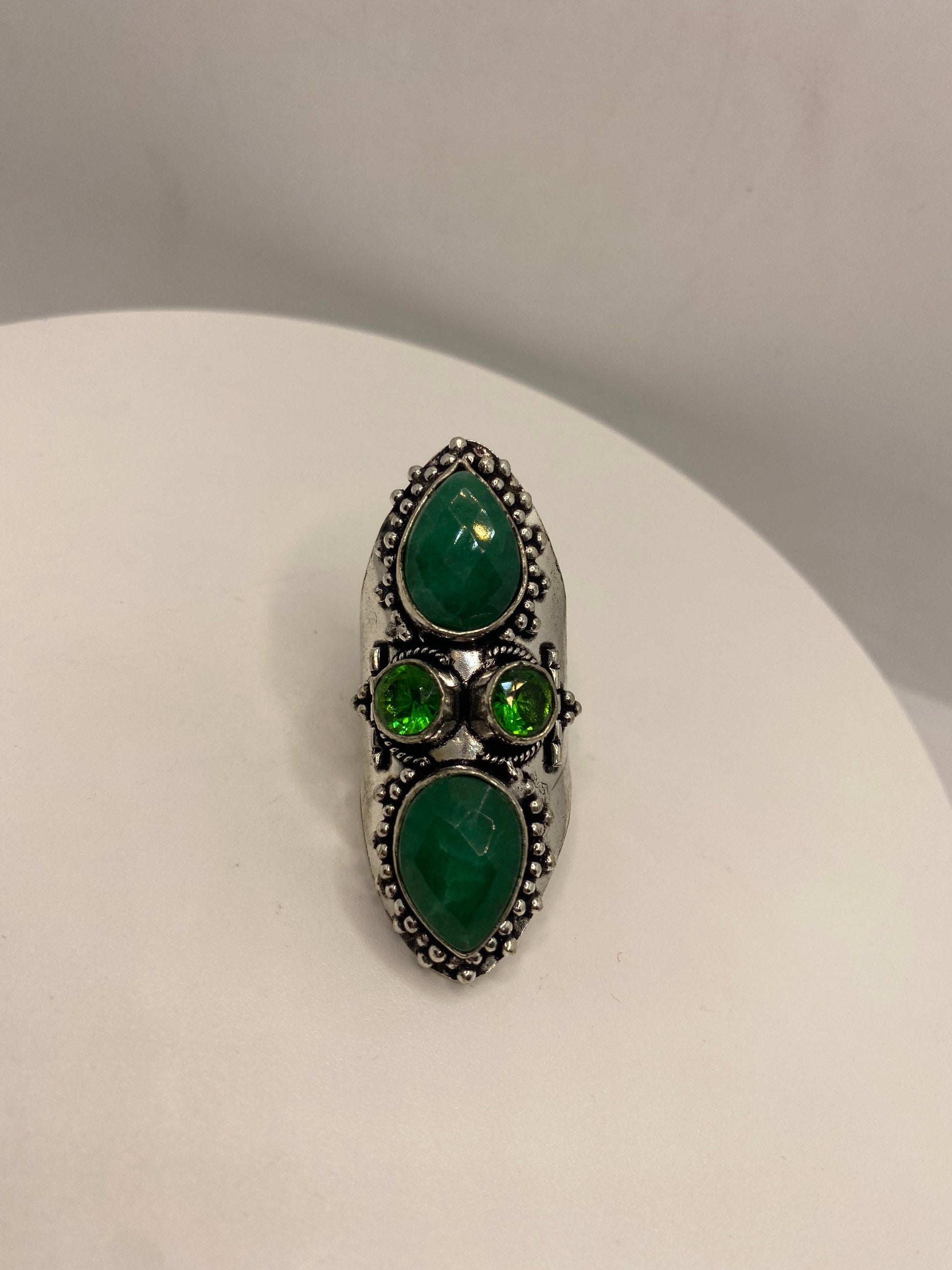 Vintage Raw Green Emerald White Bronze Silver Cocktail Ring Size 7