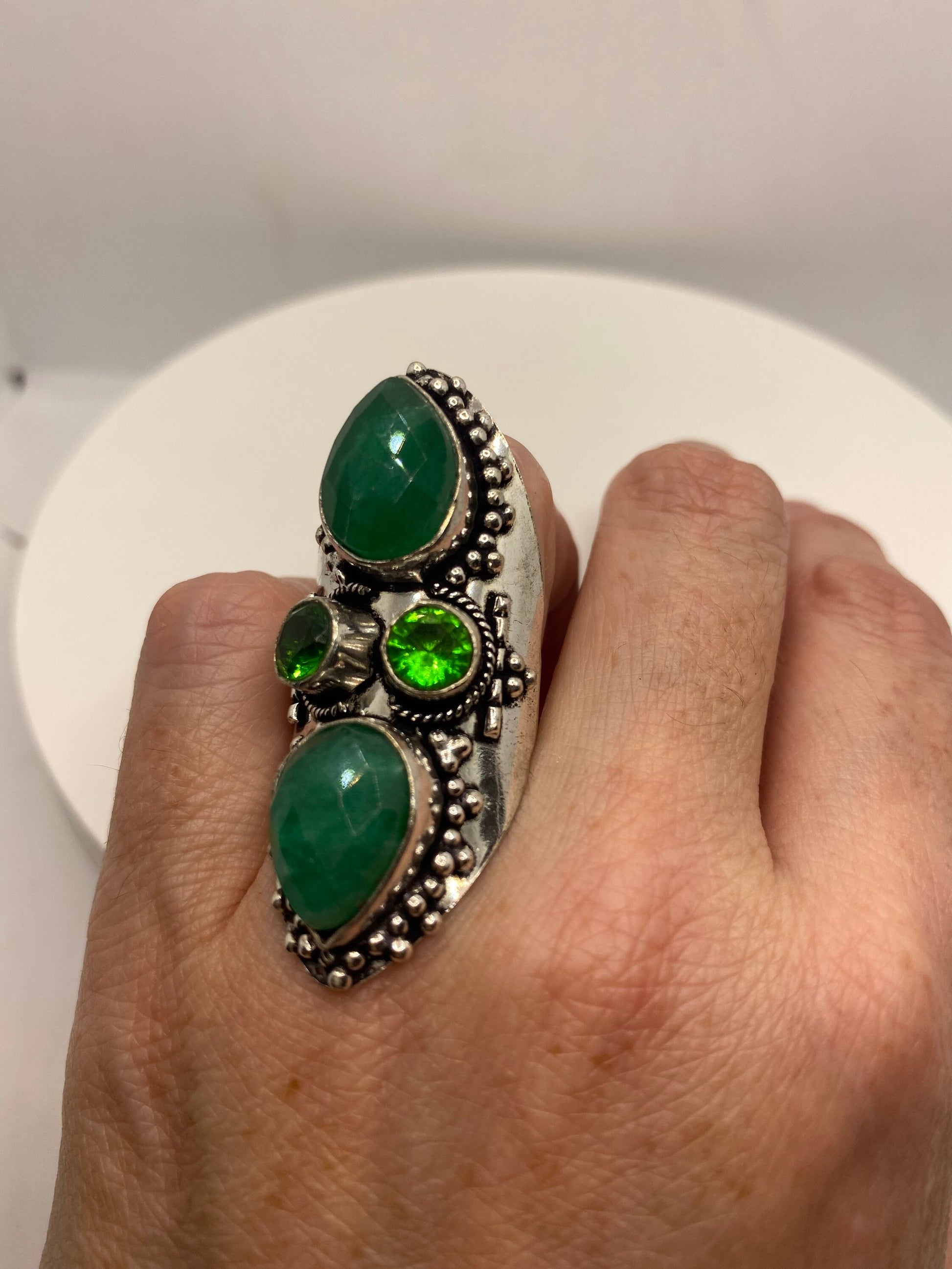 Vintage Raw Green Emerald White Bronze Silver Cocktail Ring Size 7