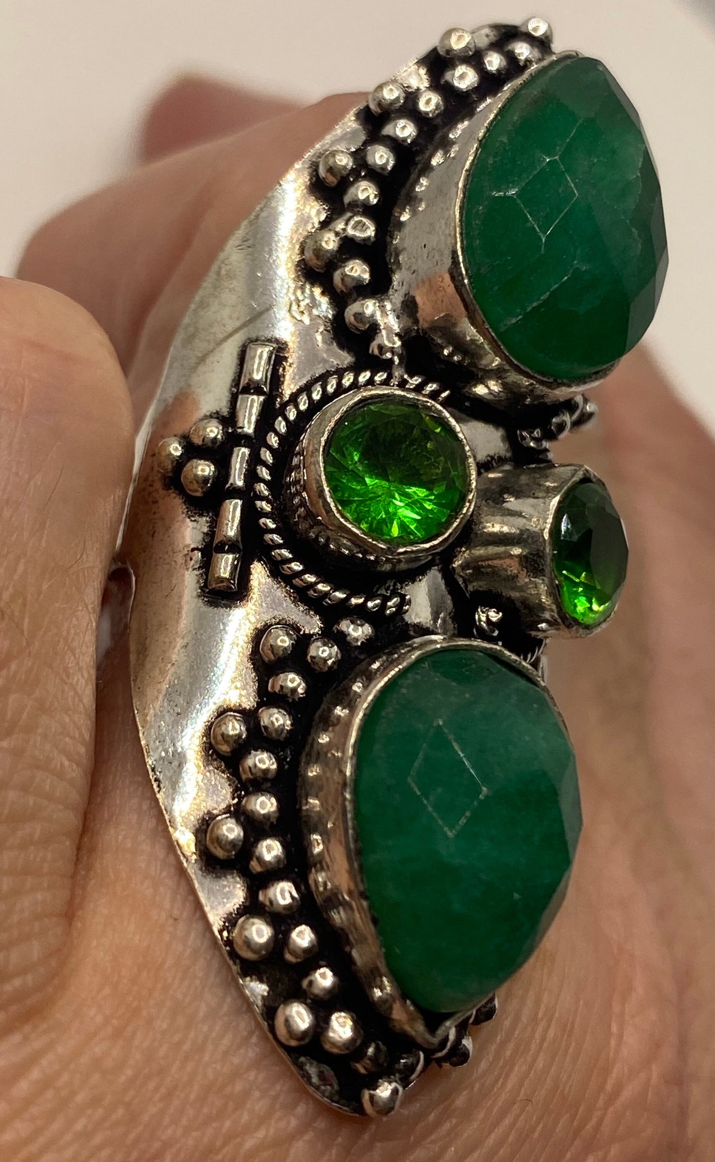 Vintage Raw Green Emerald White Bronze Silver Cocktail Ring Size 7