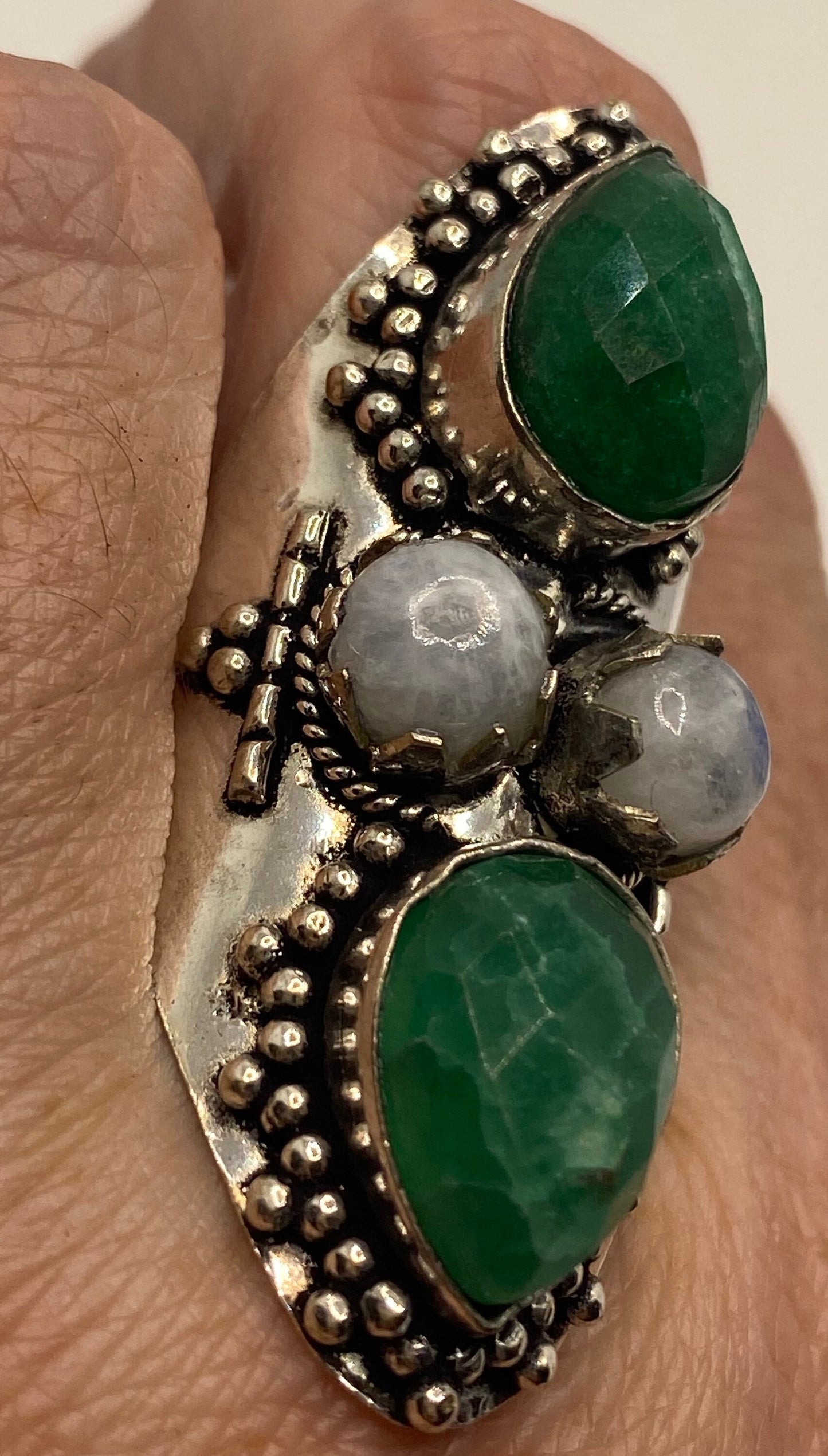 Vintage Raw Green Emerald White Bronze Silver Cocktail Ring Size 8