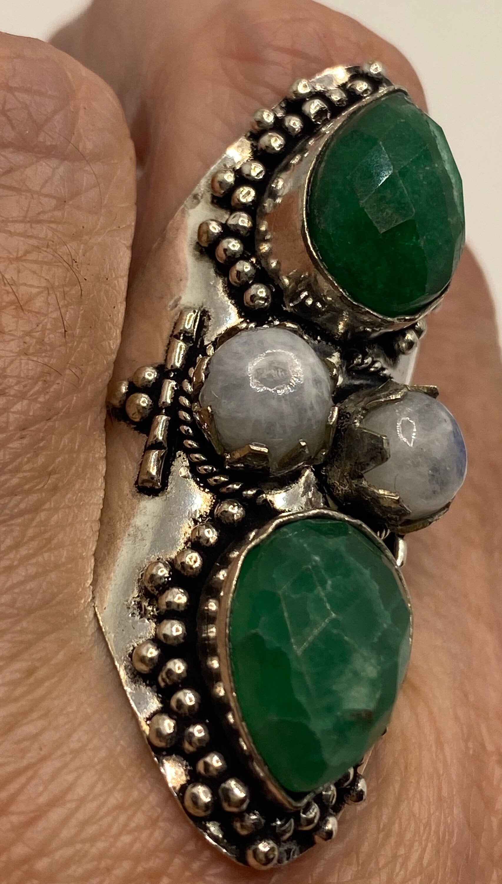 Vintage Raw Green Emerald White Bronze Silver Cocktail Ring Size 8