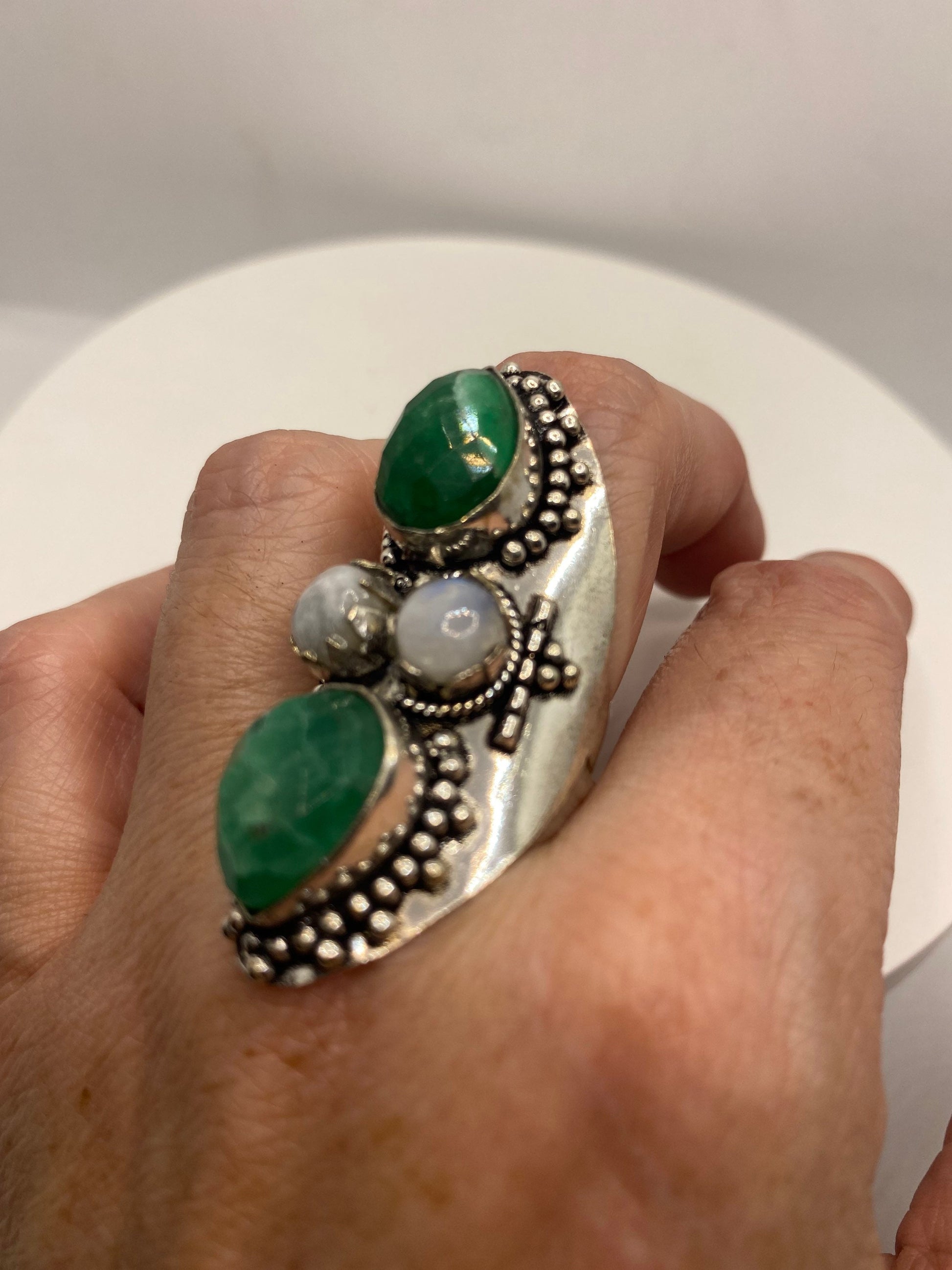 Vintage Raw Green Emerald White Bronze Silver Cocktail Ring Size 8