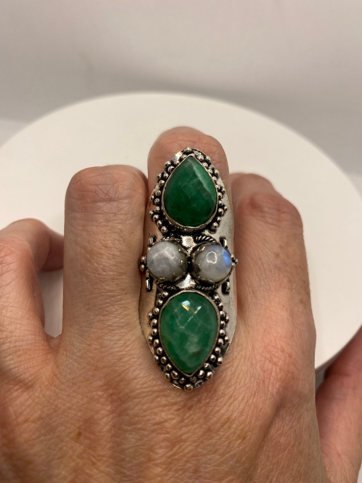 Vintage Raw Green Emerald White Bronze Silver Cocktail Ring Size 8