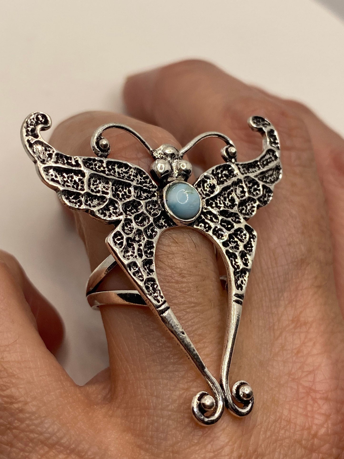 Vintage Lunar Moth Blue Larimar Silver Bronze Silver Cocktail Ring Size 6