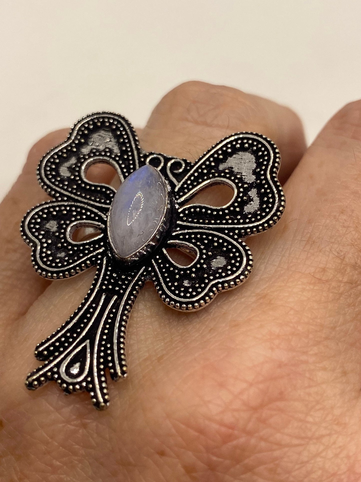 Vintage Lunar Moth Rainbow Moonstone White Bronze Silver Cocktail Ring Size 6.5