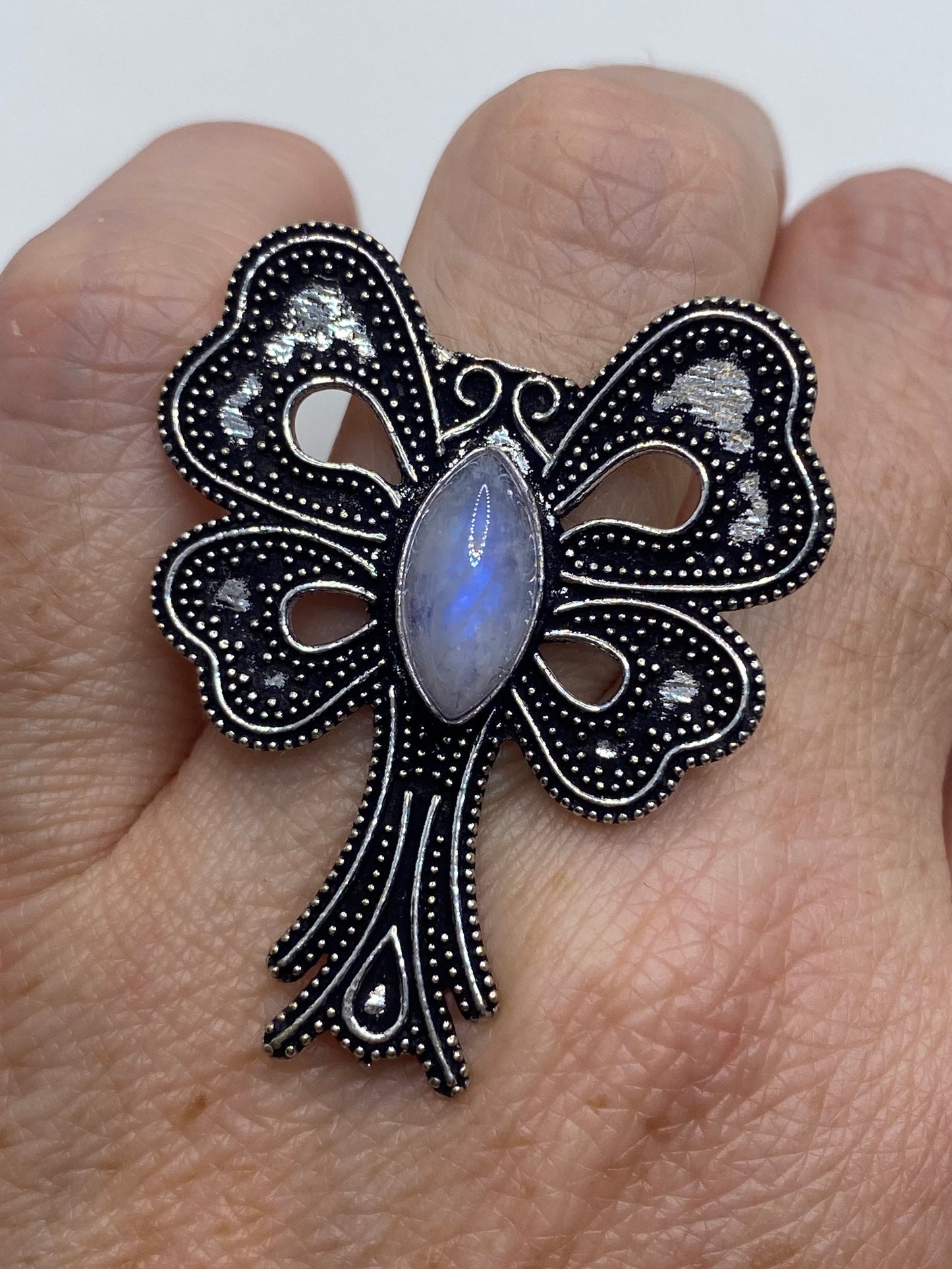 Vintage Lunar Moth Rainbow Moonstone White Bronze Silver Cocktail Ring Size 6.5