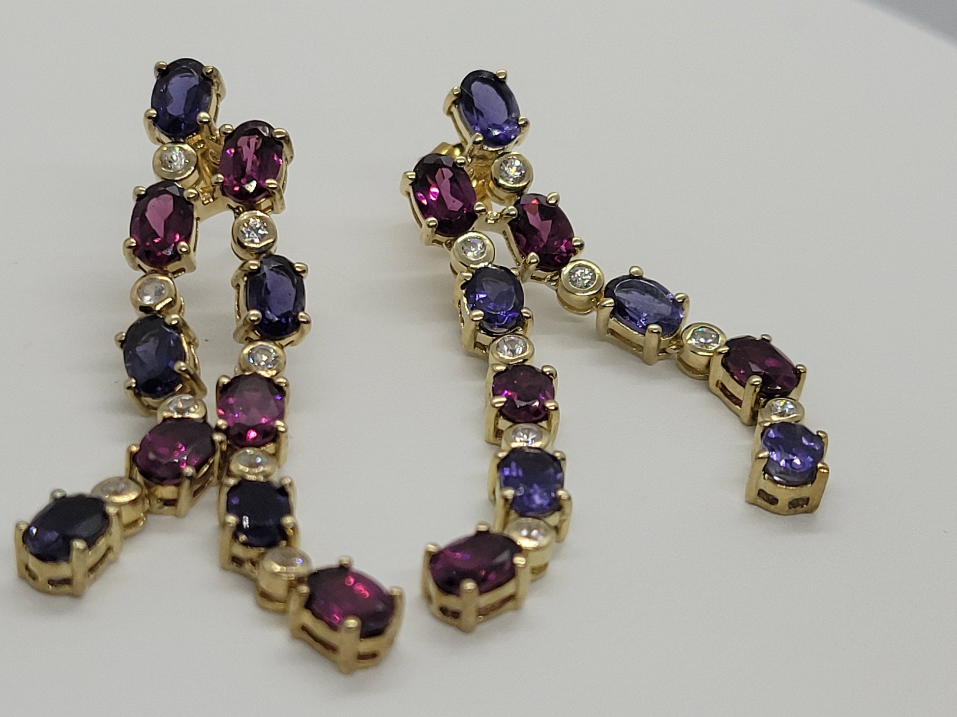 Vintage Genuine Blue Iolite and Garnet Gemstone Filigree Sterling Silver Shoulder Duster dangle earrings