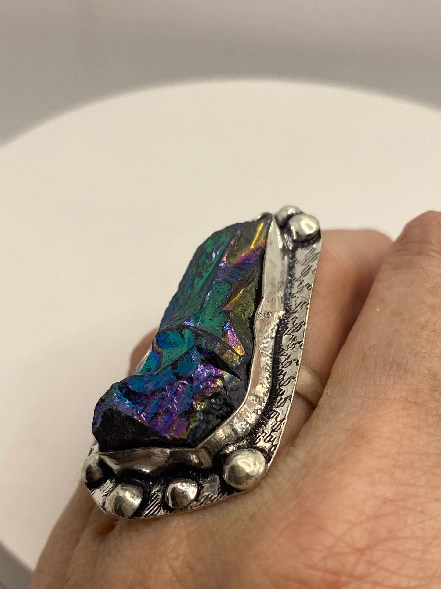 Vintage Mystic Peacock Ore Silver Cocktail Ring Size 5.5